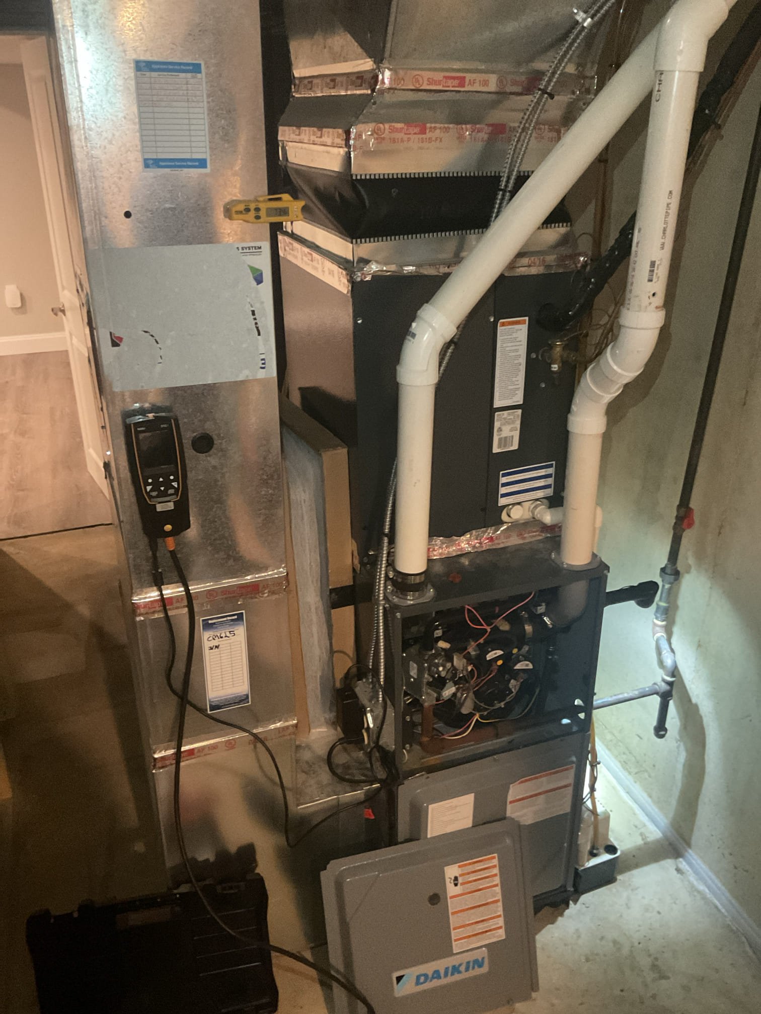 Luis and Conner 8-5-26
Performed gas heater certification, Daikin 90% heater from 2016. Inspect all components, air delivery, combustion removal and ignition systems. Replacement of customer supplied filter (air ranger). Clean sensor and burners, performed combustion test on heater ok, check airflow check gas connections within heater compartment and 1/2 black iron Shutoff valve. Cycle heater system ok. There is some rust on section of gas piping inside furnace cabinet (not concern at this time) would recommend yearly check up. System passed inspection. 
System currently operational but nearing end of normal life expectancy. Due to age, replacement of system should be considered in near future.