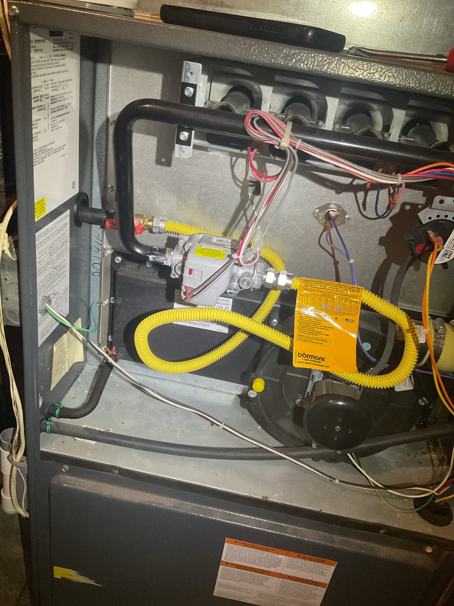 Luis 8-6-26
Performed ac tune up on Goodman 4 ton system from 2016. Indoor furnace LP check all electrical connections and components. Air filter ok. Flush drain ok. Check blower motor. Check air flow. Gas heater piping is not installed correctly there is flex connector inside heater cabinet provided estimate to hard pipe gas piping to heater. Indoor unit does not have any water protection. Check outdoor unit electrical capacitor and contactor, check refrigerant levels and pressures. Customer has a person that installed this unit last year. He will contact same person to see if they can fix the gas piping and add water protection. 
System currently operational but nearing end of normal life expectancy. Due to age, replacement of system should be considered in near future.
