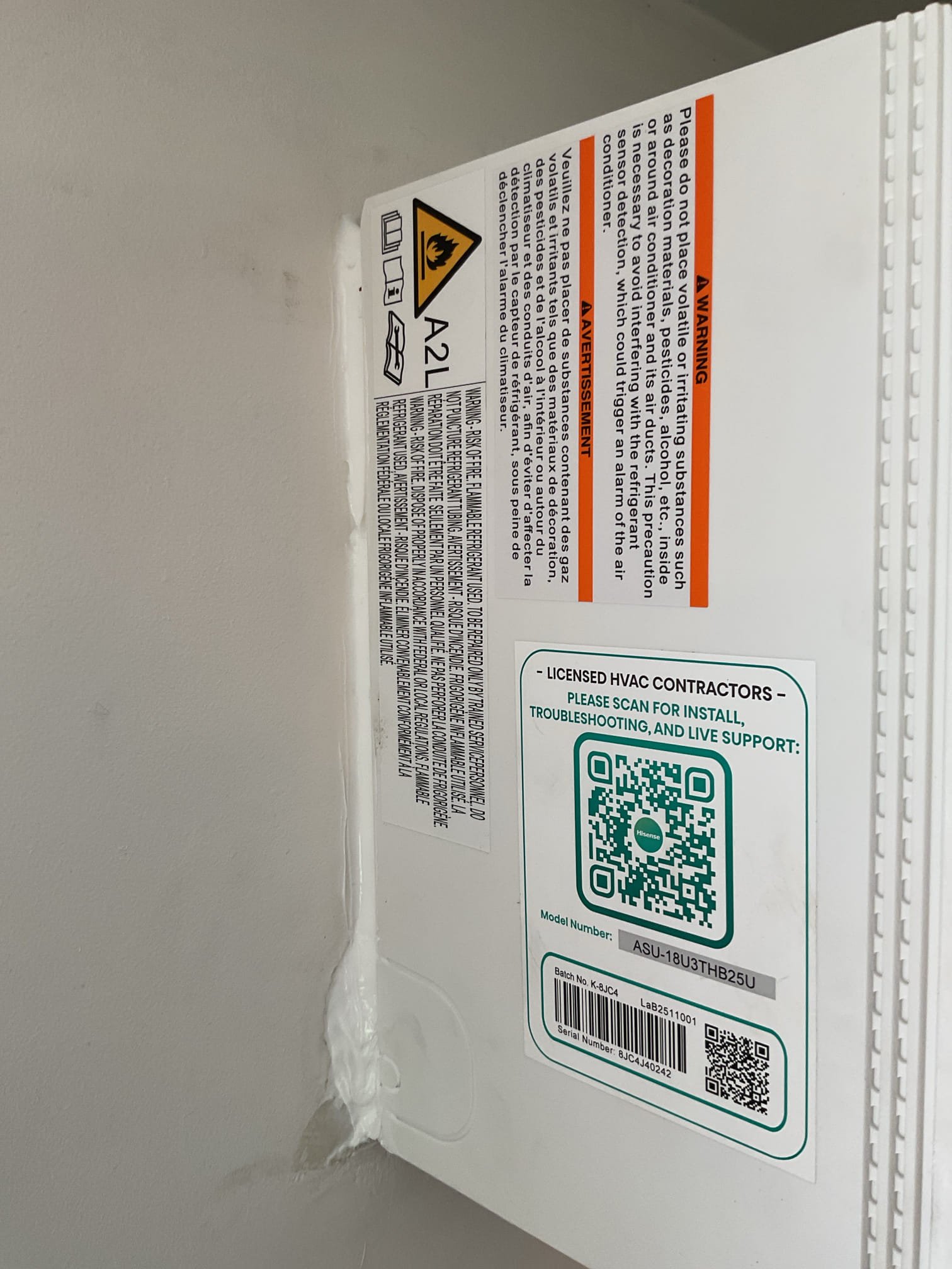 Completed QA 1:1 Minisplit install Hisense 18,000 BTU indoor head.

Inspected wiring, controls:
Power monitor settings: Over-voltage 264; Under-voltage 216; open in 1.5 seconds, restore in 2 minutes. Cleared event log.
Measured temperature split: 21°
Checked for refrigerant leaks at the (2) accessible joints on outdoor unit
Breaker is 20A

Install passes QA
