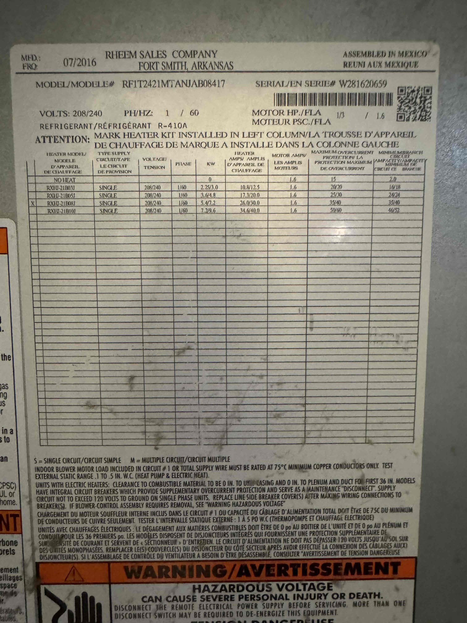 8/10/26 Kurt and Conner: recovered refrigarant, replaced capacitor compressor and txv, leak tested and vacuumed down system. Re charged with refrigerant. No leaks found. 19 degrees temp split 59/78. 410A Pressure  123/332 SH 19 SC 9

System is working properly at this time