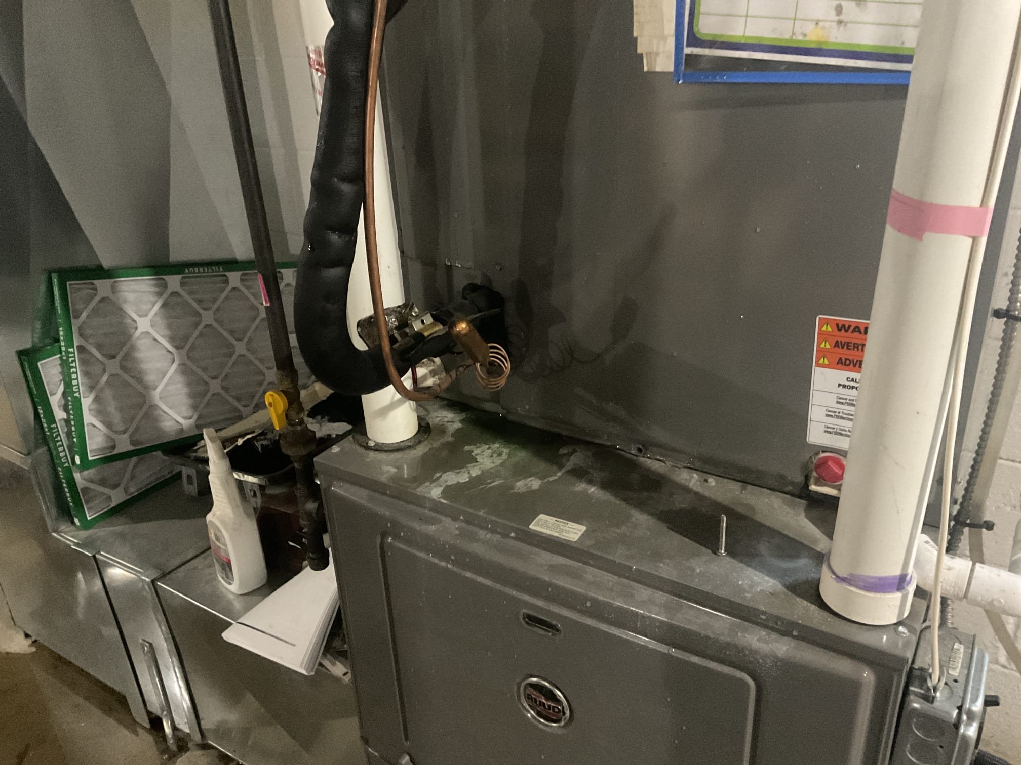 8/13/26. Fully assessed no cooling situation on 2017 Rudd heat pump system. Went downstairs when I arrived and gave system a call for cooling situation. Found water all over the floor around furnace. Homeowner recently replaced his own circuit board. Checked over wiring and dip switch settings. Went outside and checked r410a refrigerant pressures they were 301/95 with 20 subcooling and 32 superheat with a 29 degree evaporator coil, this is freezing pressures. Removed sensing bulb from suction line pipping and gave system a call for cooling again. Suction pressure did not improve. Txv is un responsive. Provided estimate to replace indoor txv but highly recommended replacement of system. He is going to decide next steps. 