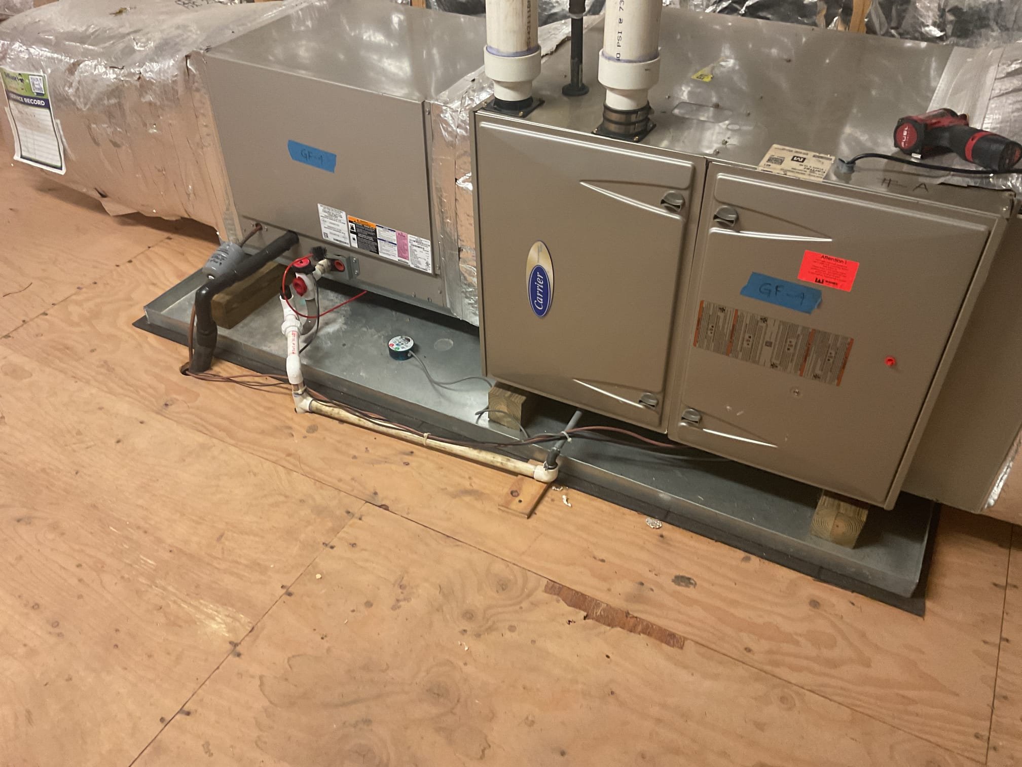 8/13/26. Fully assessed water leaking situation. Found water leak was from 3/4” condensation line off of Gf-1 system. Found water was leaking from 90 before it goes into tee fitting. Provided estimate to repair drain line. Replaced with new 90 (2) 3/4” couplers and short piece of 3/4” pipe. Tested operation of drain no more leaks. 