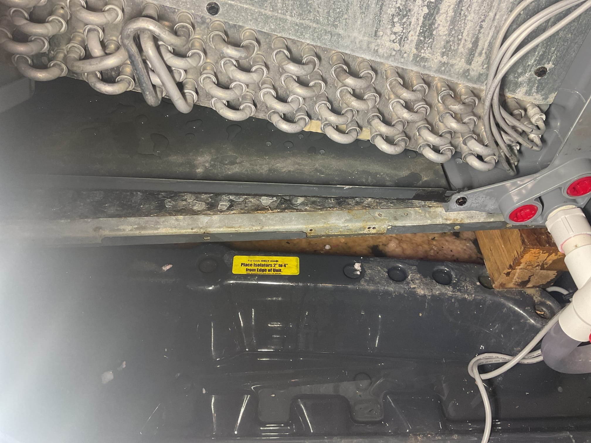 8/14/26. Found wet switch tripped and about 1/4” water in drain pan. Sucked up water with shop vac. Talked to previous technician about situation. Found the only thing that had changed was the bottom drip pan was adjusted to have more of a pitch to drain away condensation. Poured water in drip pan and nothing leaked. Found insulation in cabinet was wet. Found that possibly the drain pan is creating a lot of velocity and pulling water off bottom side of coil. Ran system for about 45 minutes, no water dripping. A/c is working properly at time of service. 