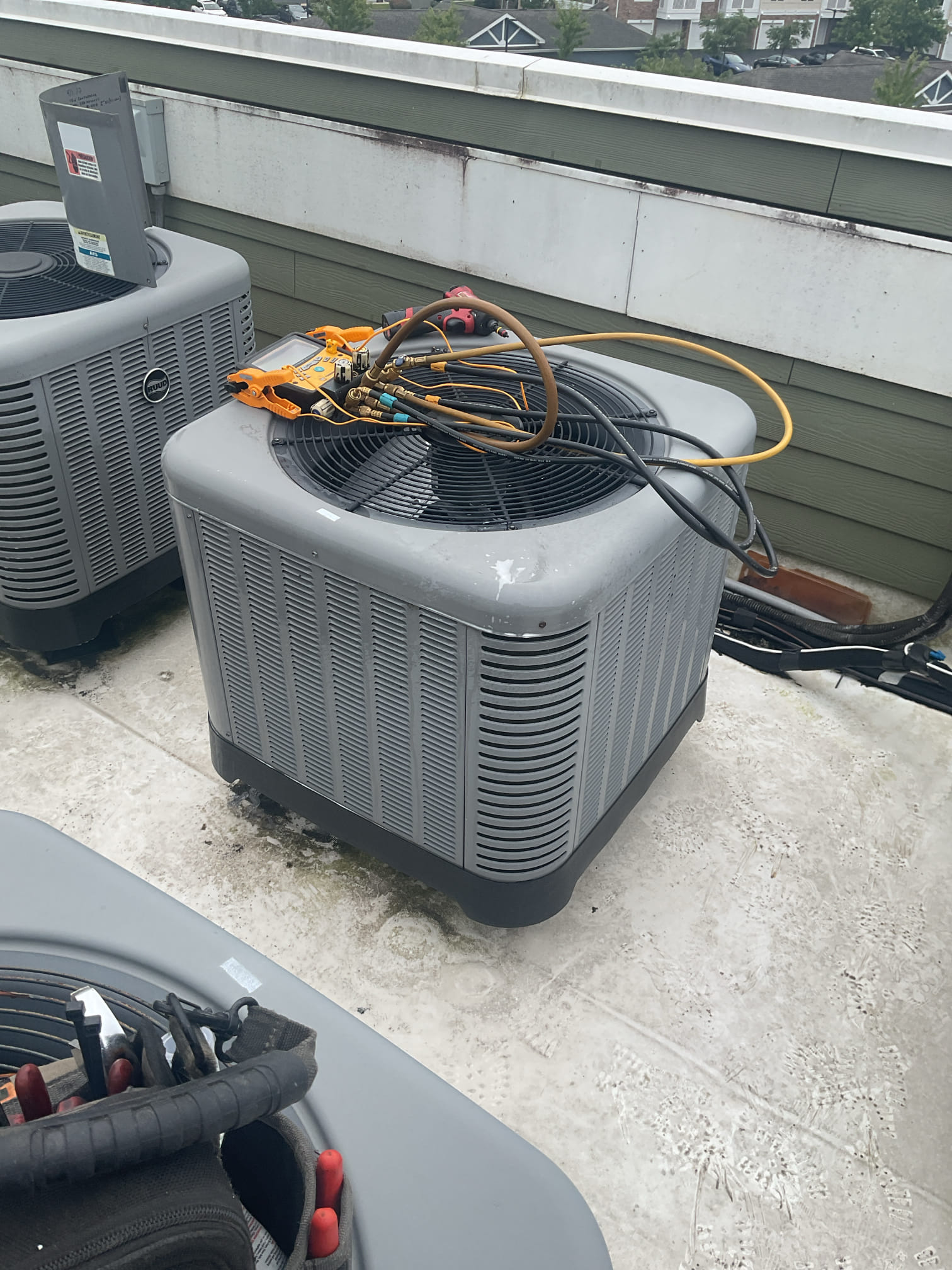 8/17/26. Fully assessed no cooling situation on 2016 Rudd a/c. Was not able to get into apartment right away so went up on rooftop and got everything set up and gauges on. Gave system a call for cooling and found compressor not coming on. Compressor was replaced in 2022. Tested 30/5 capacitor it tested good. Found failed Ssp6 hard start kit. Replaced hard start kit with one on the truck and tested operation. 410a pressures were 265/127 with 7 subcooling and 14 superheat. Checked temperature split at indoor unit it was. 17 degrees. A/c is working properly at time of service. System is at replacement age. 