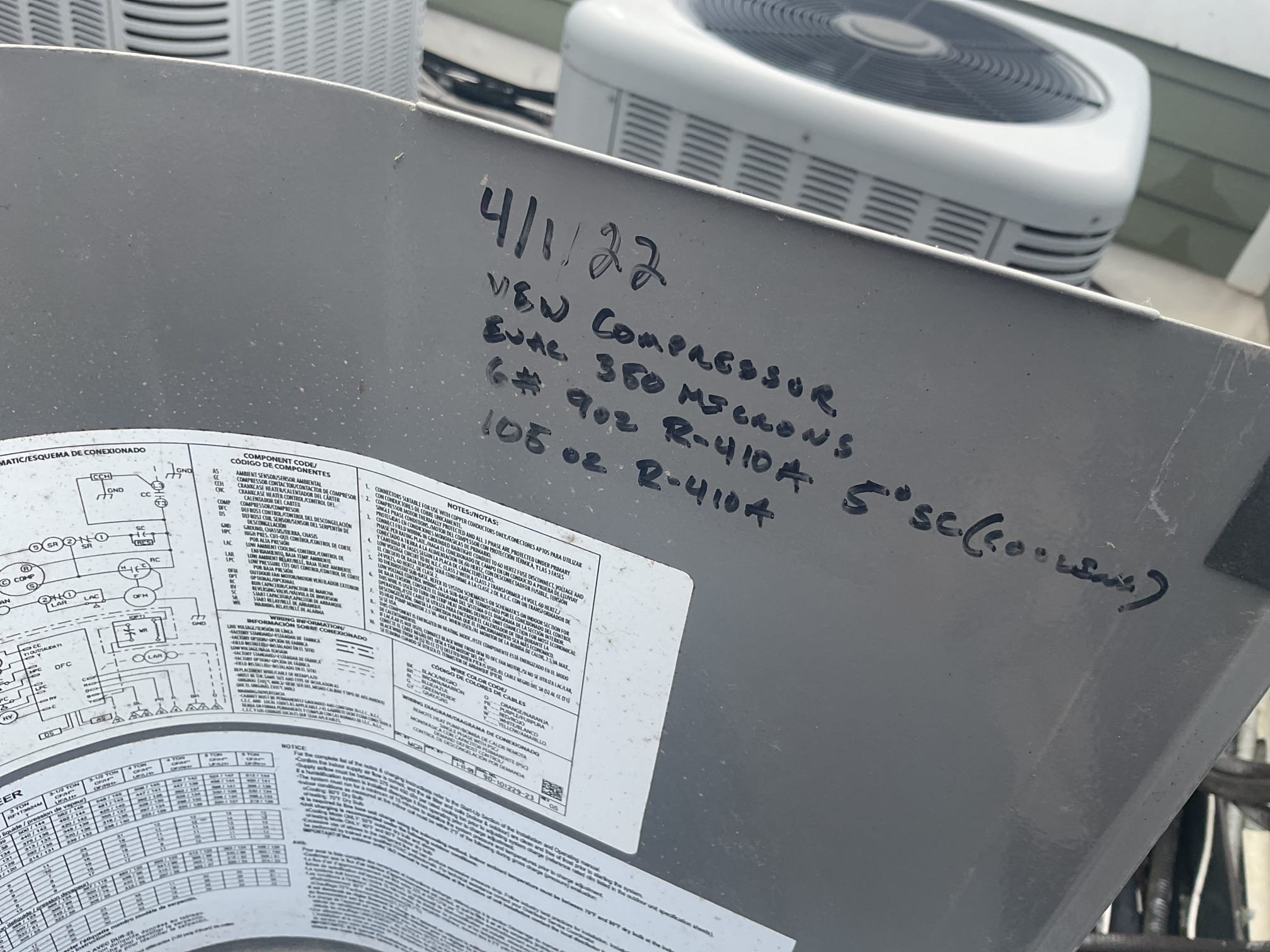 8/17/26. Fully assessed no cooling situation on 2016 Rudd a/c. Was not able to get into apartment right away so went up on rooftop and got everything set up and gauges on. Gave system a call for cooling and found compressor not coming on. Compressor was replaced in 2022. Tested 30/5 capacitor it tested good. Found failed Ssp6 hard start kit. Replaced hard start kit with one on the truck and tested operation. 410a pressures were 265/127 with 7 subcooling and 14 superheat. Checked temperature split at indoor unit it was. 17 degrees. A/c is working properly at time of service. System is at replacement age. 