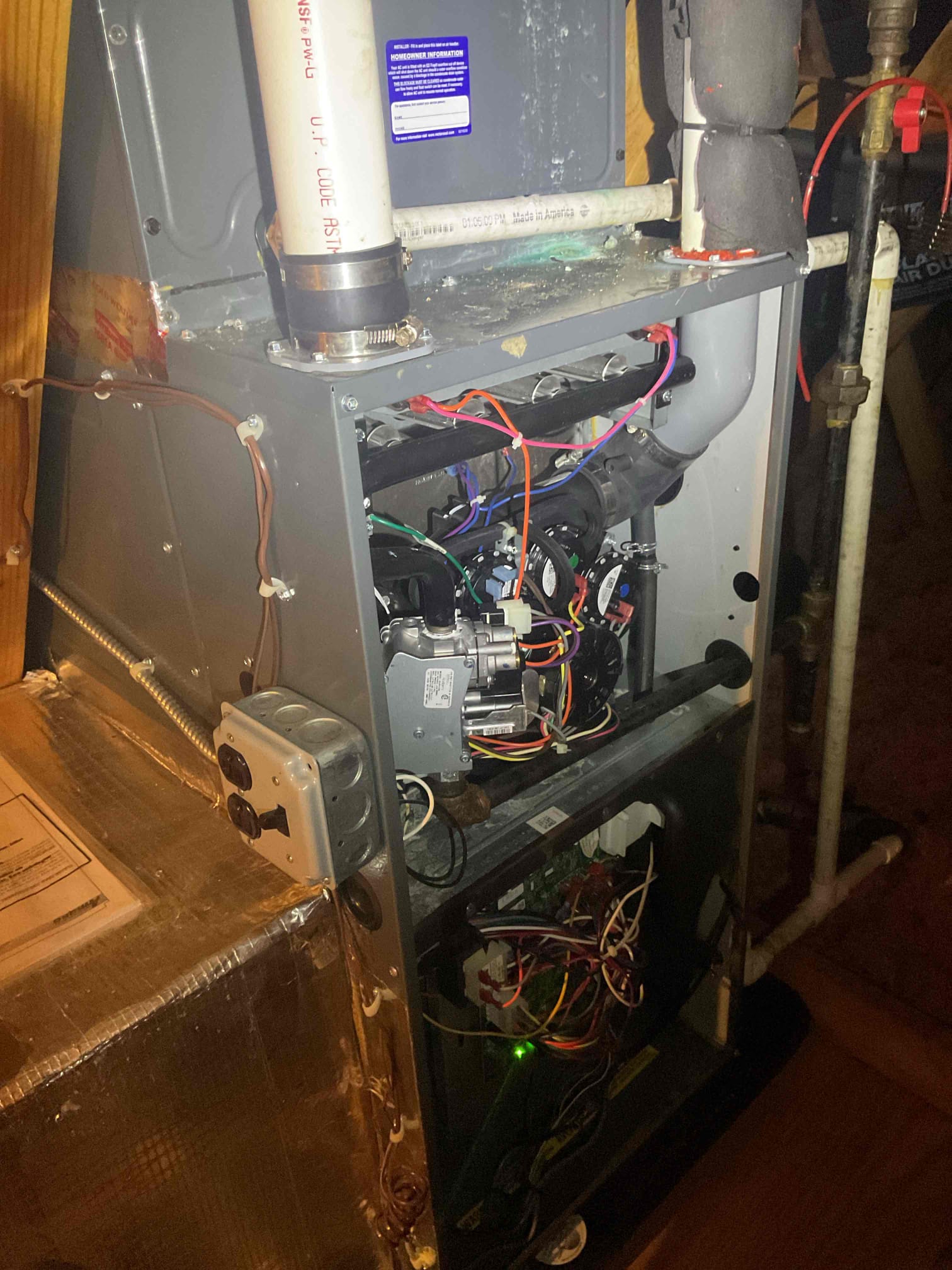 Luis 8-17-26 
Performed ac tune up on attic Amana system from 2022 and first floor trane system from 2005. Amana attic system check ok
All electrical connections and components both filters ok. Check airflows drain and blower system
System has not surge protection provided estimate to add surge protection.
Noticed drain system ends on first floor pump I provided estimate to separate drain and add second pump for second floor system and wired sensors and pump overflow switch to attic hvac system to protect from water or drain issues. 
Check outdoor unit electrical and refrigerant levels ok. System is operating properly at the time of service.

On fist floor trane system, inspect indoor and outdoor components, clean filter, check drain and test pump ok. Found capacitor for blower reading below standards 6.3 rated 10 (failed test). As I was inspecting coil I discovered massive crack/split on heat exchanger took photos and showed live footage to customers son. Check outdoor unit refrigeran