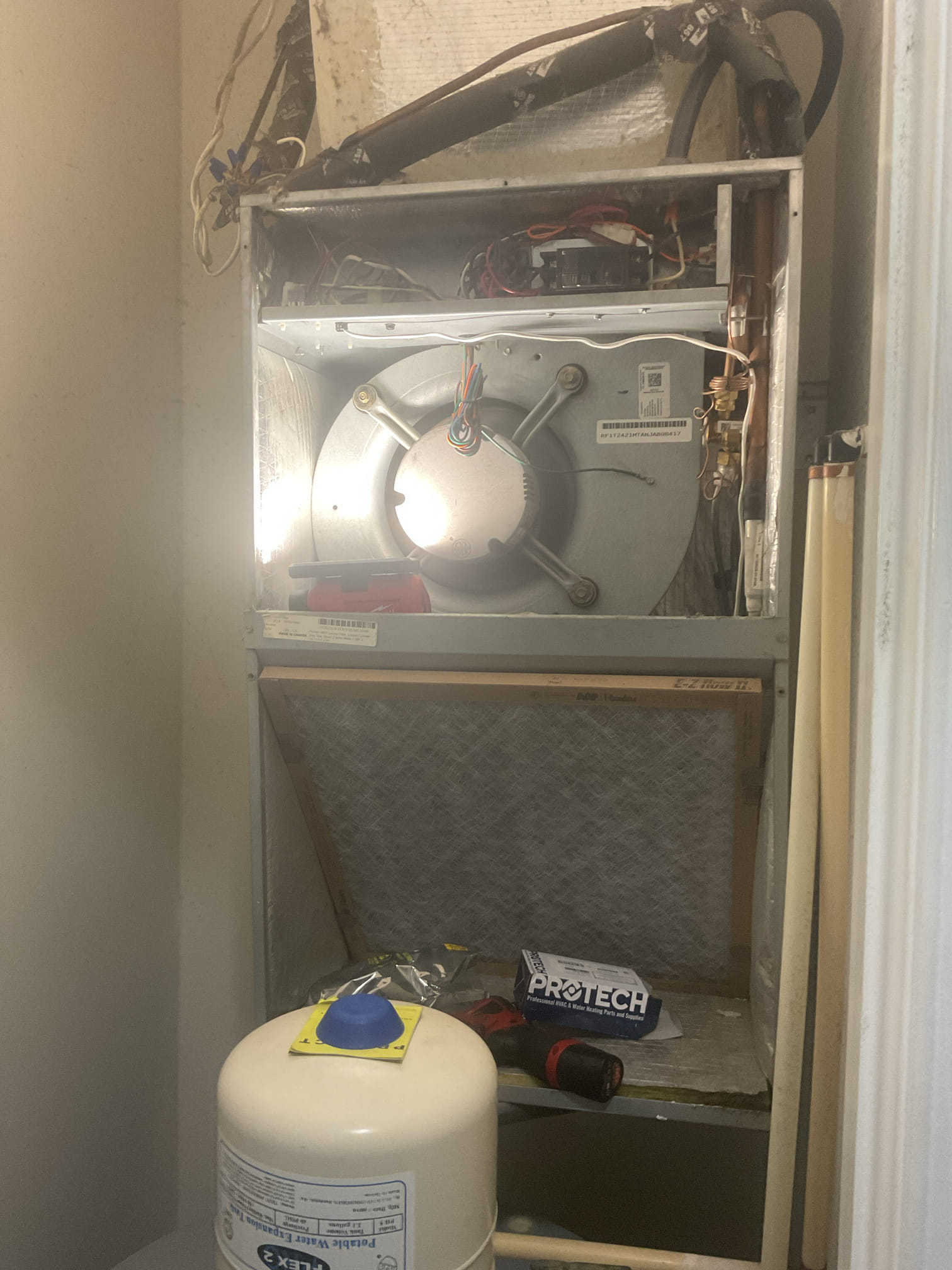 8/18/26. Fully assessed blower motor stuck running on 2016 Rudd heat pump system. Found blower motor constantly running. Found indoor control board was very corroded took photos. Replaced control board and tested operation. Temp split was 18 degrees. Blower is now turning off correctly. Checked 410a refrigerant pressures they were 360/132 subcooling was a little high at 18 superheat was 14 which is fine.  High subcooling can be a txv starting to go bad .Heat pump is working properly at time of service. 