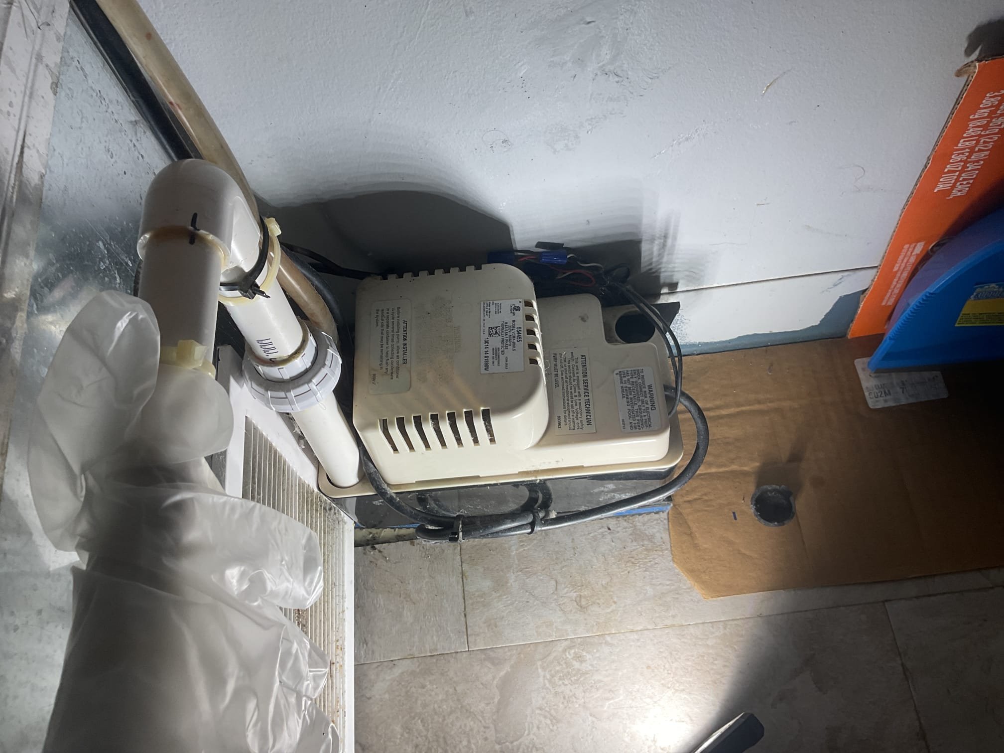 8/18/26. Fully assessed 220v condensation pump installed on August 6 th 2020. Found condensation pump full of water and not pumping. Condensation pump has failed. Installed new 220v condensation pump and tested operation. Checked 410a refrigerant pressures they were 280/136 with 5 subcooling and 16 superheat. Checked temperature split at indoor unit. Temperature split was 17 degrees. A/c is working properly at time of service. 