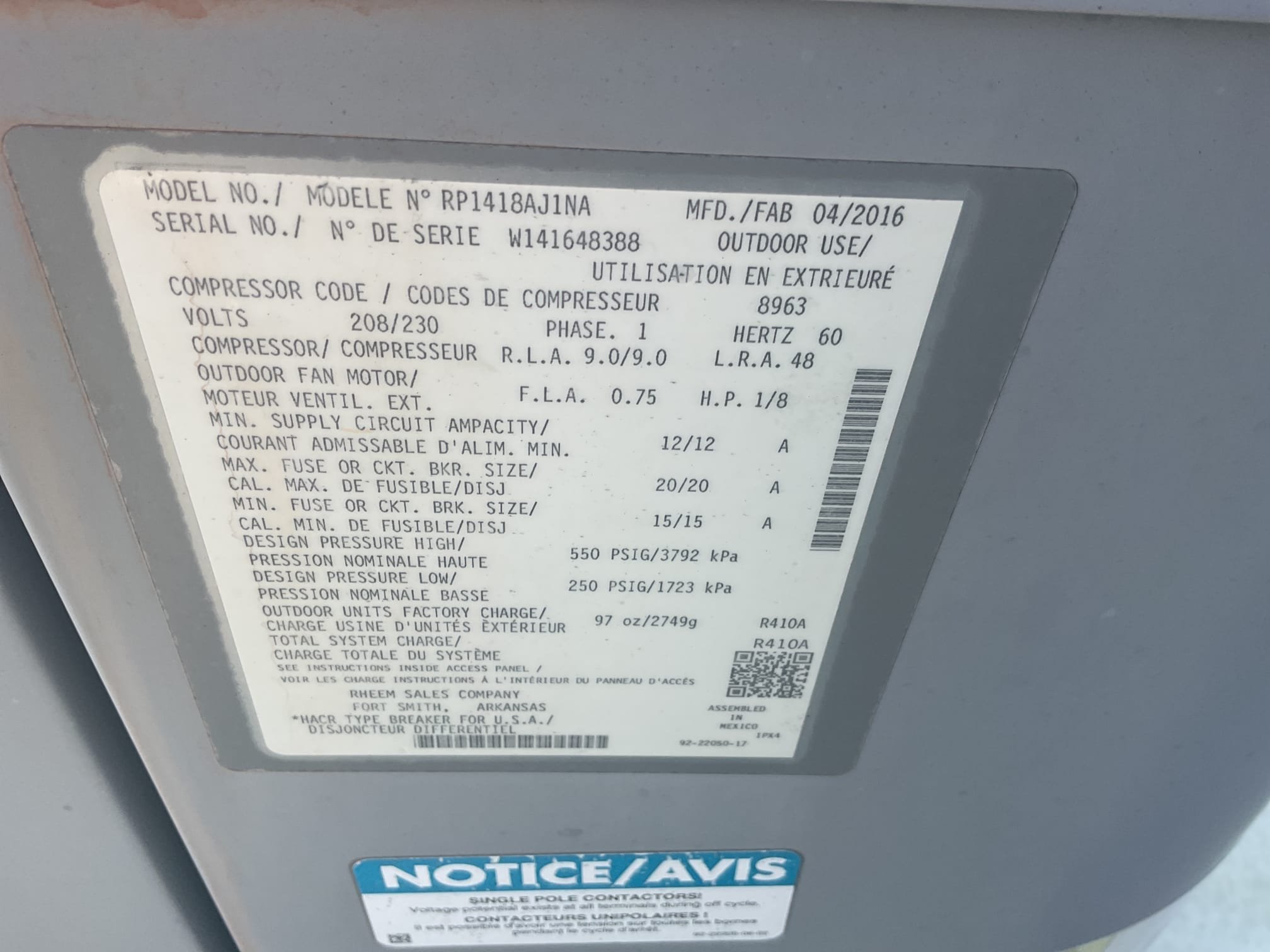 8/19/26. Replaced failed blower motor and tested operation. Temperature split was 18 degrees. 410a refrigerant pressures were 330/132 with 13 subcooling and 10 superheat. A/c is working properly at time of service. 