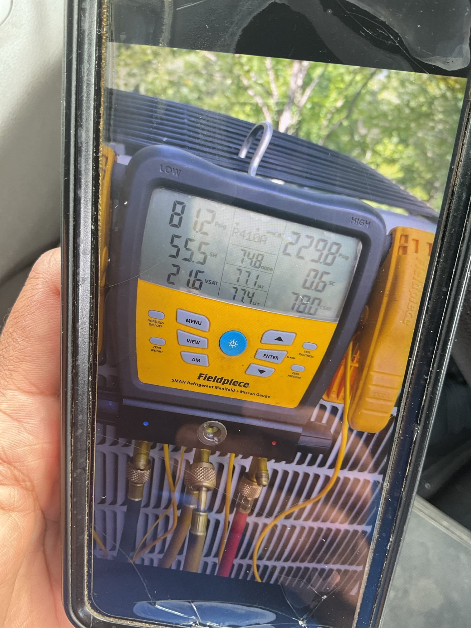 Luis 8-25-26
Customer called in for no cooling Bryant ac unit from 4/20/2016
Two zone system both thermostats in the off position upon arrival turn first floor thermostat to cooling. I heard the outside unit came on, but then after seconds it shut off. Check indoor unit blower runs. I inspect indoor coil there seems to be refrigerant oil around coils and drain pan. I checked outside unit found refrigerant pressures very low. I tested refrigerant system. 
there's a restriction in the line (like a stuck expansion valve or debris in the filter drier). The compressor is working twice as hard to push refrigerant through, but key parts of the system are getting starved.
That's why the system isn't cooling properly. Because of that pressure buildup—or simply from normal wear and tear on the coils-i also suspect a slow leak. A sealed system should never lose refrigerant. If the charge is low, it means gas is escaping. 
If I clear the blockage, repair the leak, pull a vacuum, and recharge the s