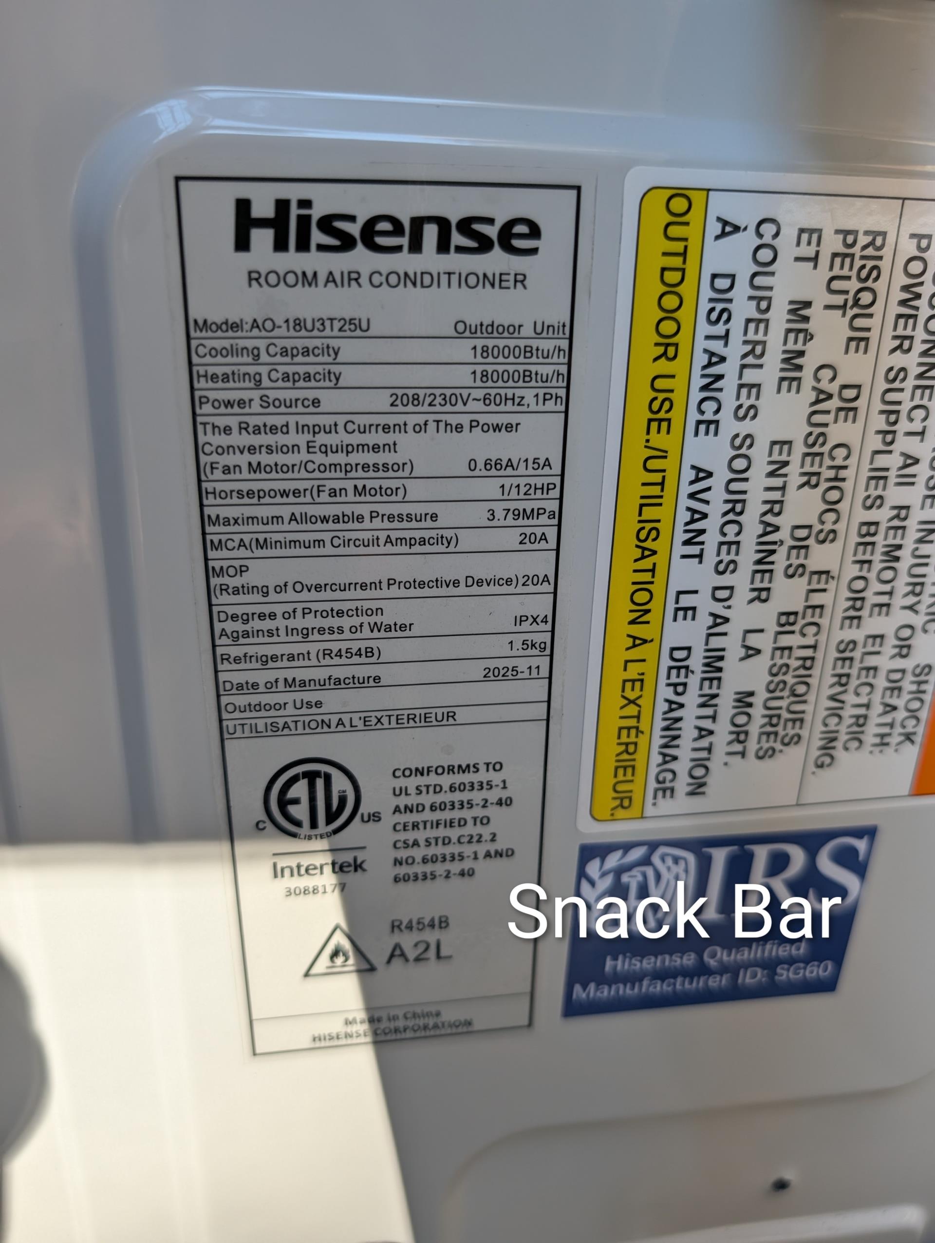 Completed QA for 18,000 BTU 1:1 Minisplit install. Snack Bar. 

Inspected all aspects of install: mechanical, wiring, piping, configuration of power monitor. 
Power monitor under-voltage: 190; over-voltage 226; 
Checked performance of system and refrigerant diagnostic: 107 psi 2.5°SH Good; temperature split 22° (69-47)

Install passes QA inspection. 