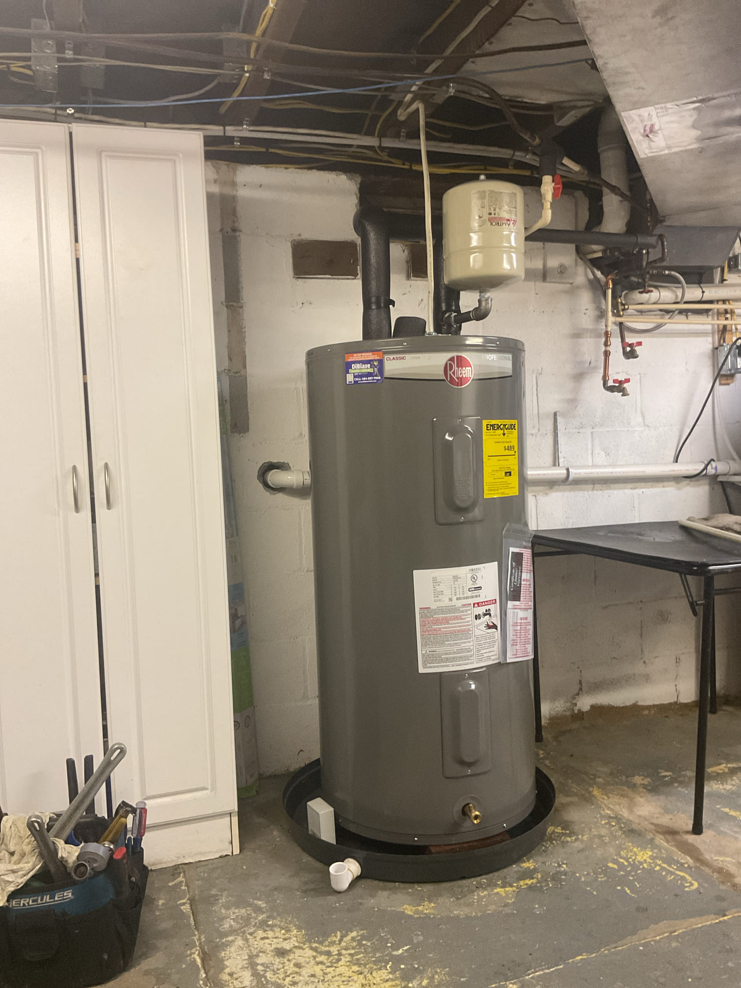 Jim and Luis 8-31-26

Drain existing water heater, turn off and disconnect electric and water, remove existing unit for recycling. Install new 50 gallon electric water heater complete with thermal expansion tank. Test for leaks / function.