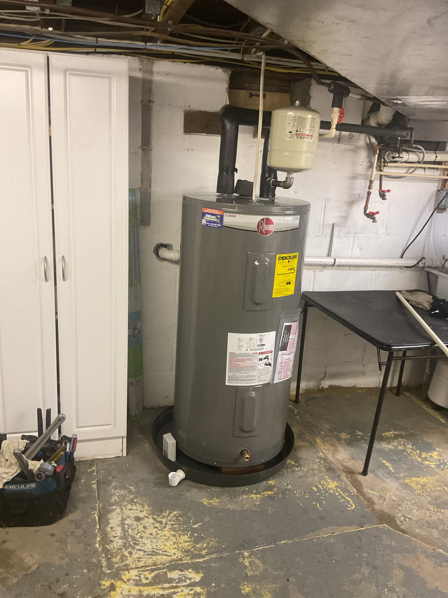 Jim and Luis 8-31-26

Drain existing water heater, turn off and disconnect electric and water, remove existing unit for recycling. Install new 50 gallon electric water heater complete with thermal expansion tank. Test for leaks / function.