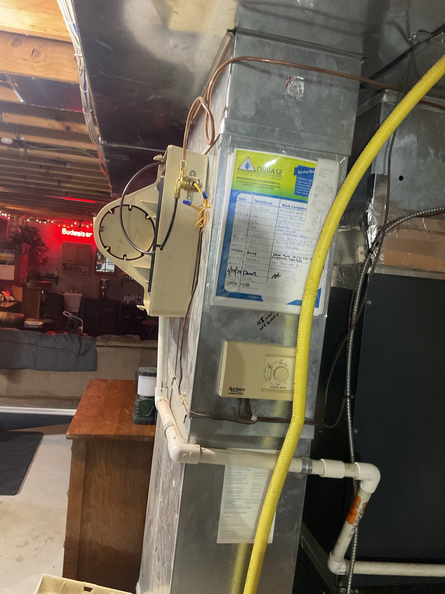 Luis 9-1-26
Perform gas heat tuneup on a Amana 96+ condensing furnace (2018)  check system operation inspect and check all electrical connections and components, clean burners sensor check low and high gas stages. Perform combustion test check supply and turn your temperatures inspect air filter 413 OK at this time. Test condensation pump very difficult to clean, customer aware. Customer has old humidifier, I provided estimate to upgrade to new version. I also provided estimate for recommendations. Adding surge protection and drain protection, when humidifier drain lot of that water ends on drain pan for coils. I provided estimate to separate drain lines. 