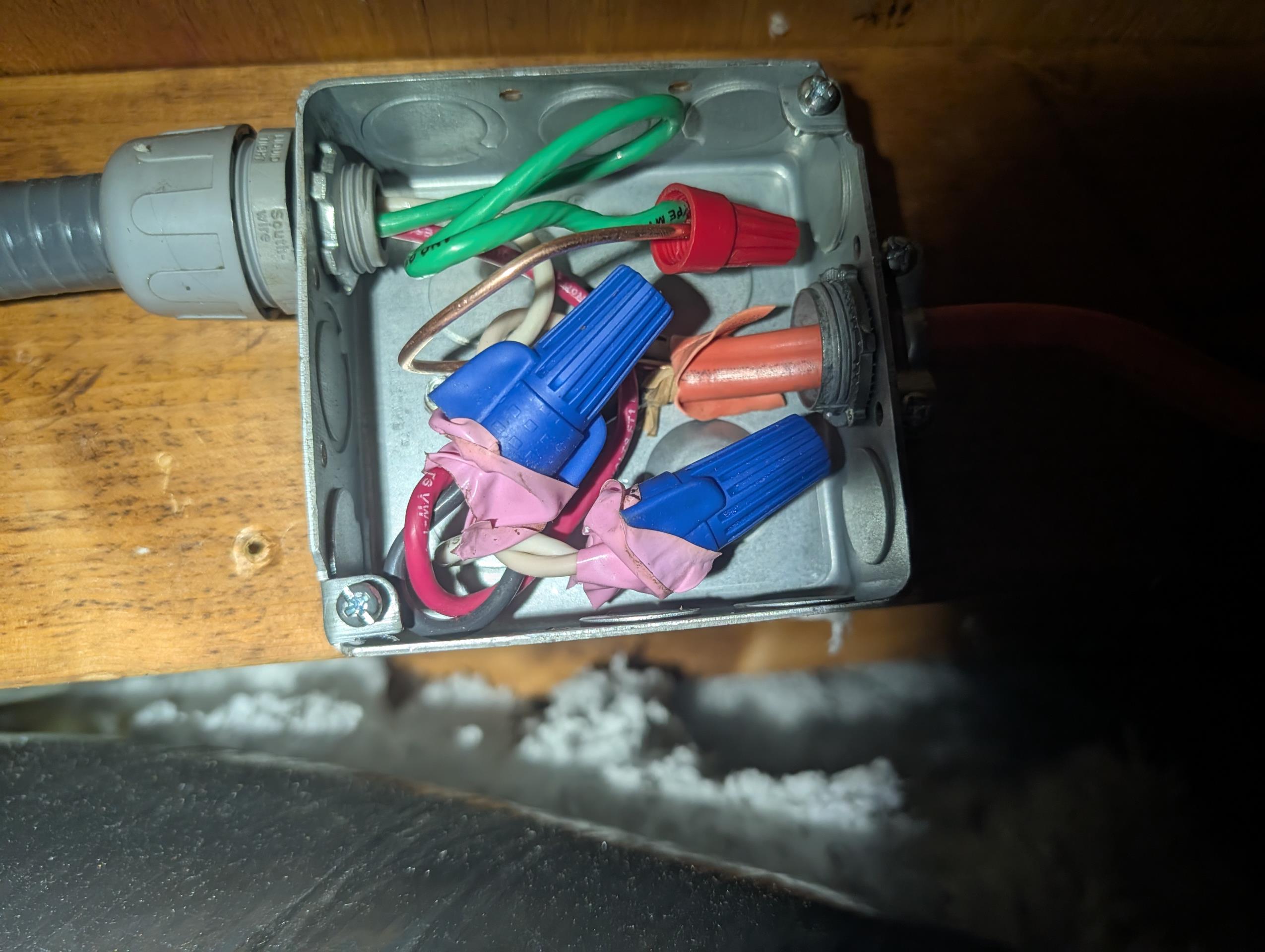 Installed 4x4 junction box on rafter  In attic with appropriate connectors for romex and seal-tight
Ran new new seal-tight conduit and 10 gauge THHN wire and junctioned to 10 gauge romex at junction box. Made connections at pose monitor and set power monitor to open above 266V and below 216V in 1.5 seconds. 
Wiring is now up to code.
Completed quality assurance inspection:
Checked through all aspects of install: wiring, refrigerant charge, temperature split. Tested drain by pouring water directly into drain pan. 

Install passes QA outside of the high volt wiring issue. 

Please email him heat pump+AC plan membership estimate.
Once install passes inspection he is unsure whether he can pay with check only or if there is an online portal for payment. He’s going to call Bob on this. 