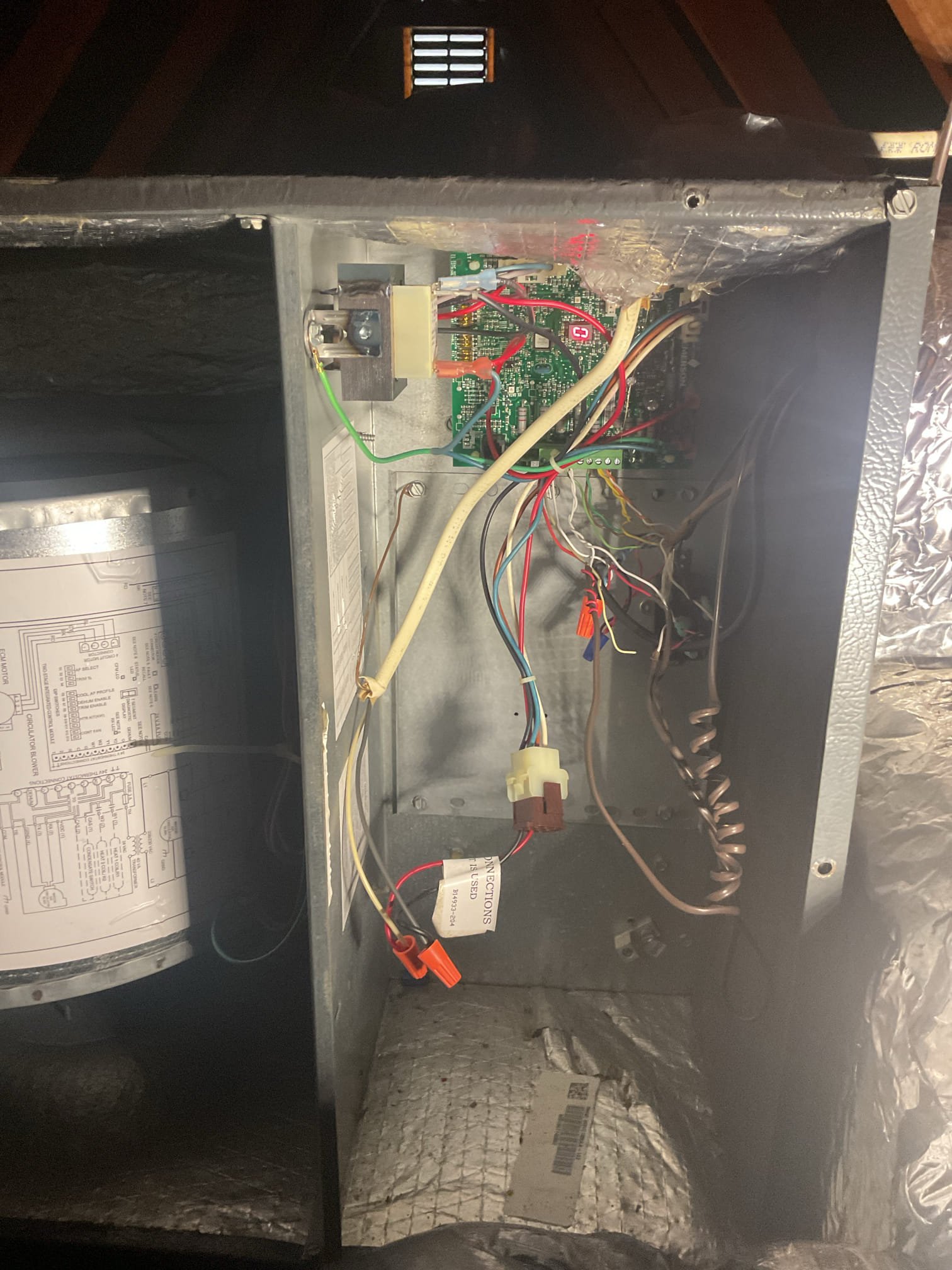 9/2/26. Fully assessed no a/c on 2016 amana a/c. Found thermostat blank went up in attic and found control board display was lite up and 3amp fuse was not blown. Went outside to outside unit and found no 24v going to outside control board. Went up to air handler again and inspected the wiring. Found wire going to wet switch had broken off in wire nut to power thermostat and outdoor board. Repaired connection and everything came back on tested system operation. Checked refrigerant pressures and temperature split. Provided estimate to upgrade thermostat to the new Honeywell s1200 for WiFi capability. Also provided estimate to install surge protector for blower motor. System is 10 years old and would start to consider replacement options. A/c is working properly at time of service. 
