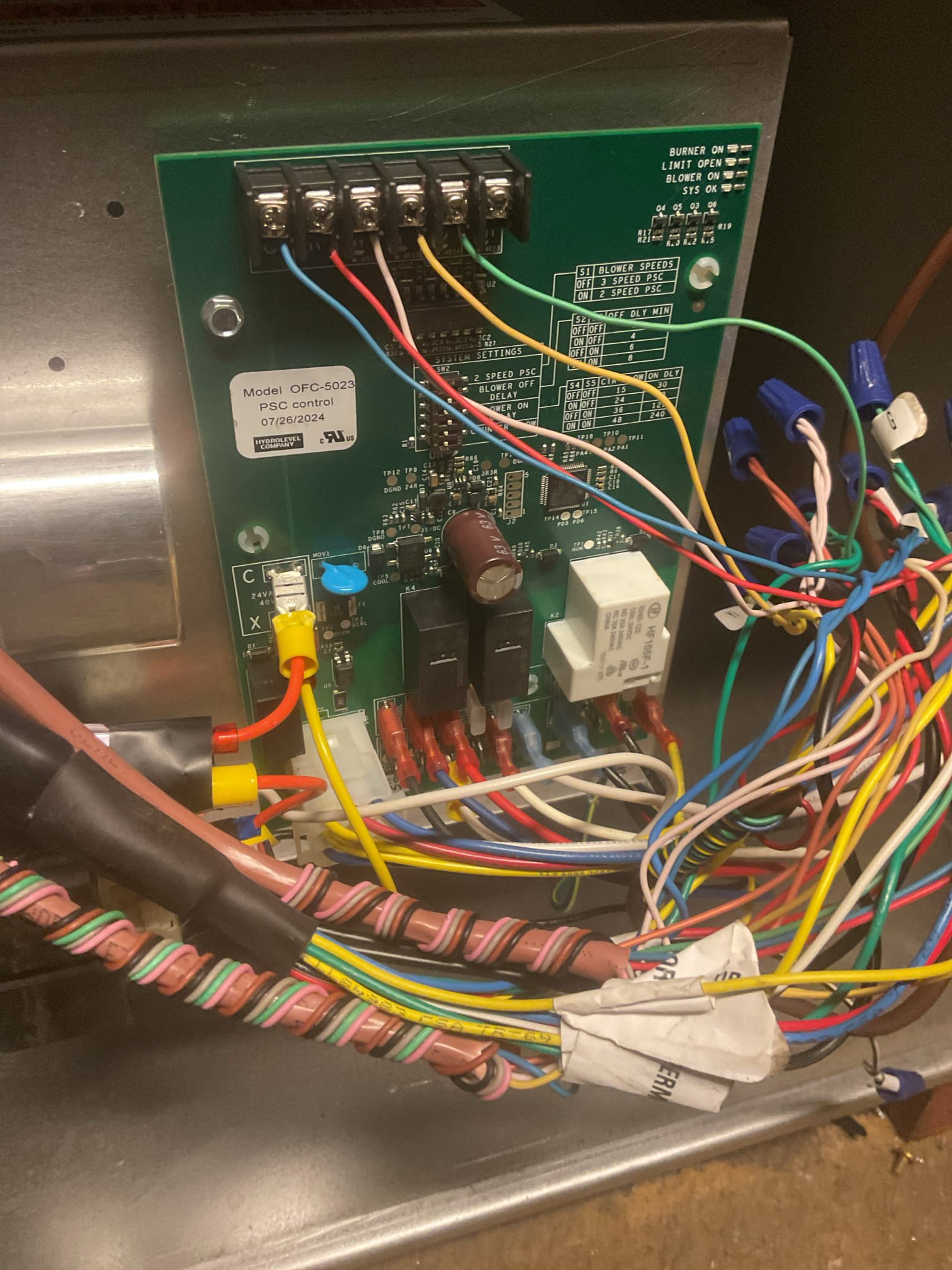 9/3/26. Fully assessed no cooling situation on spirt oil furnace with trane a/c. Gave system a call for fan and nothing came on. Found 24v between c&g, but no 120 v going to blower motor terminal. Failed control board. Entire system was installed by dibiase 4/15/25. Control board and transformer were replaced 2 months ago in June. Hot wired blower motor to 120v constant to get customer a/c. Let him know that the fan will not shut off but he will have a/c. Checked 454b refrigerant pressures they were 290/129 with 9.6 subcooling and 14.8 superheat, very good. Talked to management this will be a warranty board replacement. Ordered part
