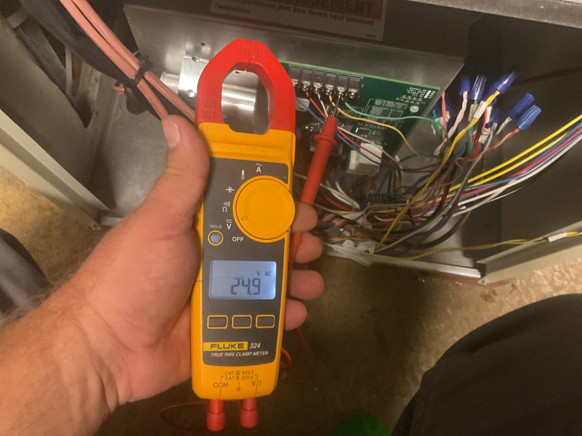 9/3/26. Fully assessed no cooling situation on spirt oil furnace with trane a/c. Gave system a call for fan and nothing came on. Found 24v between c&g, but no 120 v going to blower motor terminal. Failed control board. Entire system was installed by dibiase 4/15/25. Control board and transformer were replaced 2 months ago in June. Hot wired blower motor to 120v constant to get customer a/c. Let him know that the fan will not shut off but he will have a/c. Checked 454b refrigerant pressures they were 290/129 with 9.6 subcooling and 14.8 superheat, very good. Talked to management this will be a warranty board replacement. Ordered part