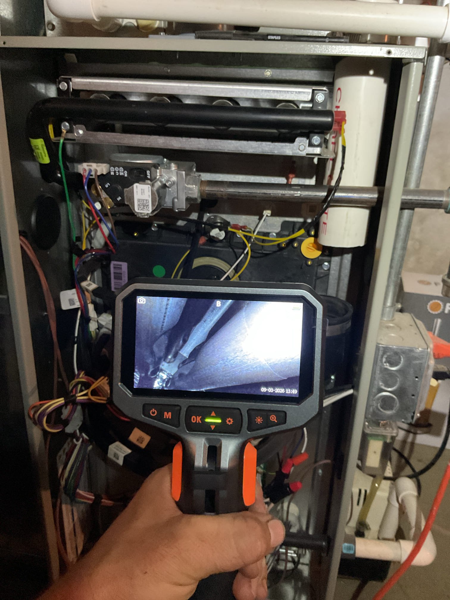 
Completed heat tune up for natural gas furnace. Installed December 2024

Replaced 16x25x1 filter
Inspected heat exchanger, burners, flue pipe, inducer assembly and hoses
Inspected hot surface ignitor and verified resistance with meter
Cleaned flame sensor and verified flame rectification circuit
Measured temperature rise and static pressure
Checked wiring, controls, electric motors and components; 
Checked manifold gas pressure
Inspected drain and pump. There is a condensate pump safety and EZ trap. An additional floor sensor that will shut equipment down if water is detected on floor around equipment is recommended. Provided email estimate. Sprayed pump with drain treatment spray. Cleared EZ trap with brush. 

Combustion, draft and smoke tests: Pass

Gas furnace is operating well at this time. 
