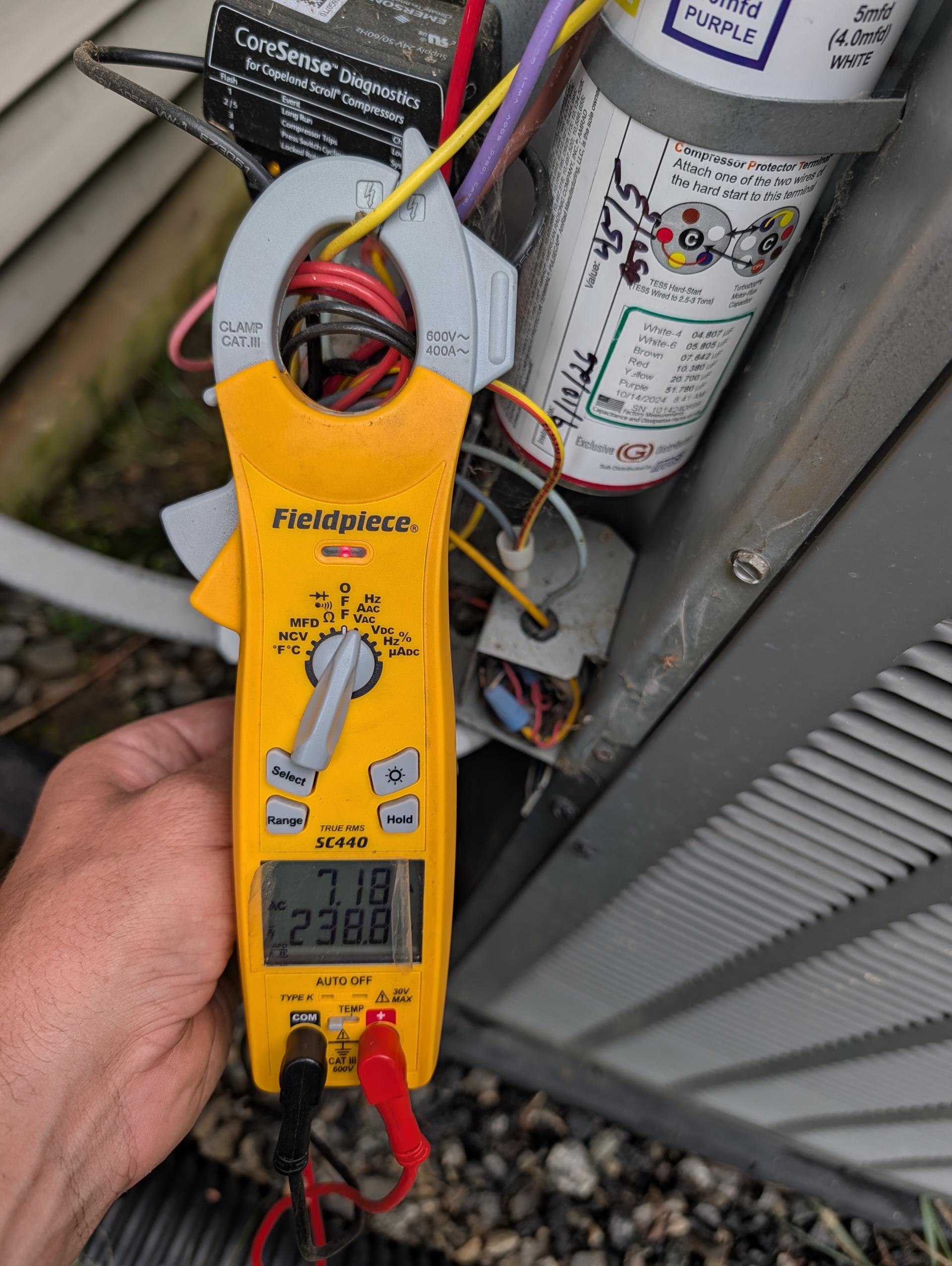 No cooling:
Thermostats were making demand for cooling to zone pan and equipment 
Found outdoor unit core sensor lockout out on “4 flash”
Replace failed 45/5 dual capacitor with Turbo capacitor (has 5 year warranty)
Temperature split 20°

Tested system including zoning. Master bedroom has always struggled see history. Checked zoning all dampers open and closed as designed. Dampers are (10x8) (16x8) and (16x10)

Basement floor zone damper (zone 3) is stuck open as is first floor zone damper . Zone board identifies this zone as closed. Needs new thermostat and zone damper. Provided estimate for replacing all 3 zone damper and new thermostat for basement. 

However this doesn’t guarantee conditioning of master bedroom. The other rooms of second floor have more airflow than the master bedroom. A Minisplit system may be needed in the long run for the master bedroom. 

The first floor zone damper is VERY difficult to replace as is 16x8. We will have to remove if possible or leave in forced o