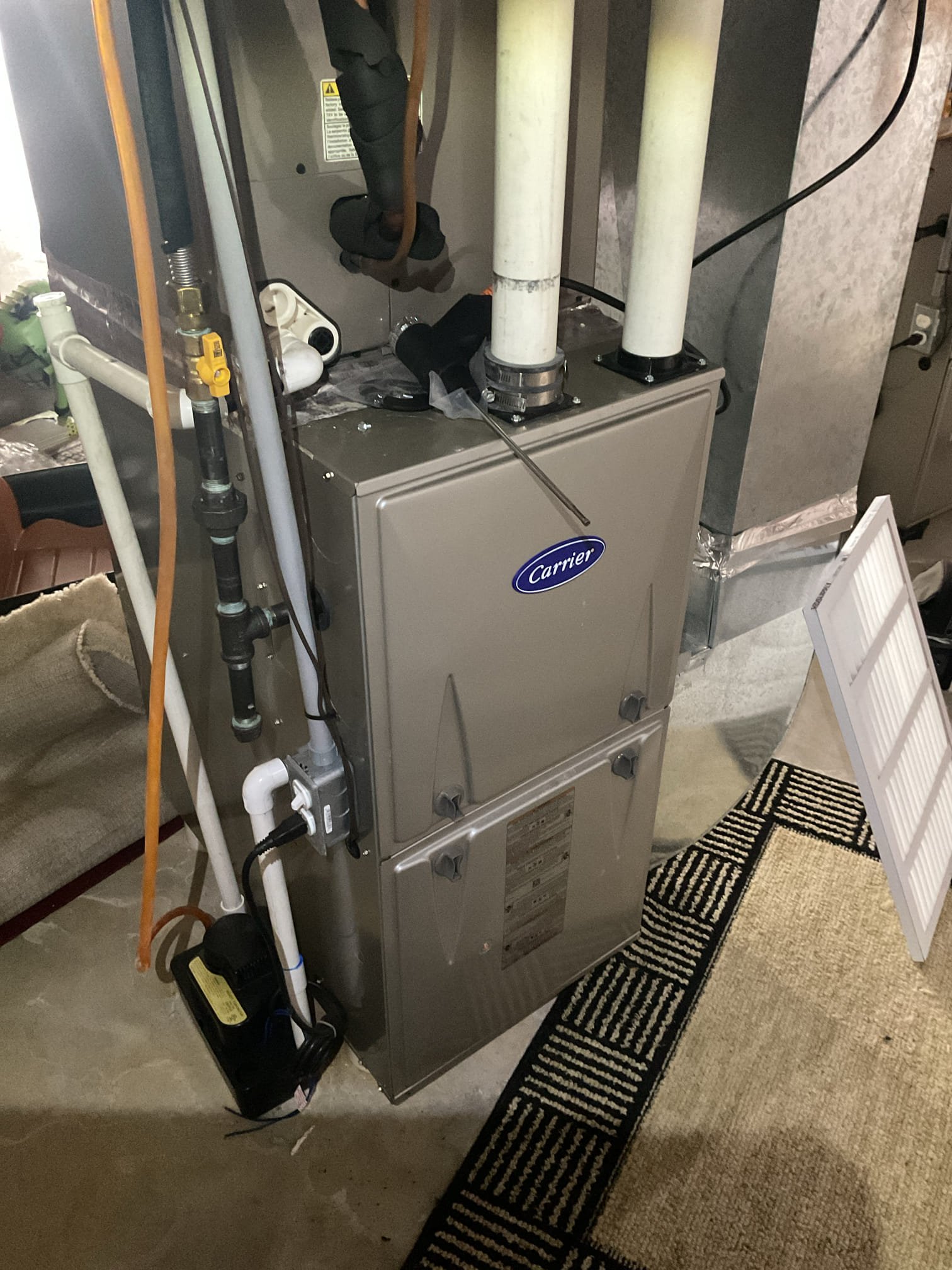 I arrived to the customers home to service their 12 yr old 90% carrier gas furnace system for the 1st floor under contract.
I started with checking the air filter and replaced , the filter size is 16x25x1. I checked all my electrical connections and voltages. I inspected and tested the  burners , flame sensor and the igniter. I water tested all tubing and hoses. I inspected the exhaust and fresh air pipe for restrictions and bellies. I inspected the inducer and the blower motor operation. I checked and tested for combustion and took temp rise splits at the return and the supply. Everything is running fine at this time of service. The system is currently operational but past normal life expectancy. Replacement of system is strongly recommended. 

I recommended in adding some water safeties for the equipment for both the 1st and 2nd floor systems . The customer will review. 

I completed a $89.00 check up on the 2nd floor system . It’s 12 yrs old as well . 90% carrier. I started with che