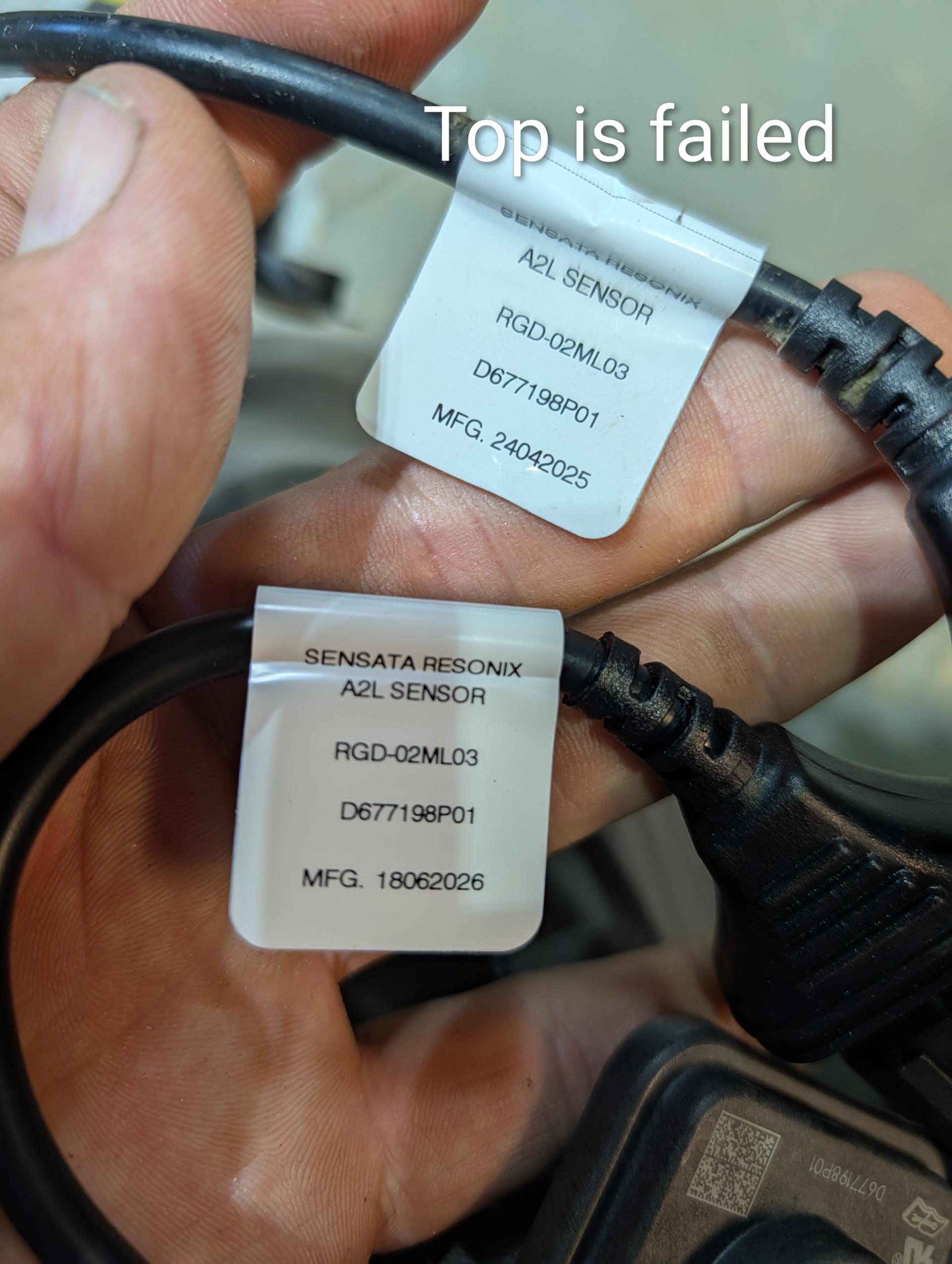 Replaced A2L mitigation sensor and control board.
Also double checked continuity through each of the wires of sensor to verify integrity of sensor wires.
Tested system afterwards. Wrapped sensor harness with electrical tape to prevent any water from getting in. 
Mitigation board green LED steady flash: Good 
Checked temperature split 18.5° Good

System operating well at this time
 
