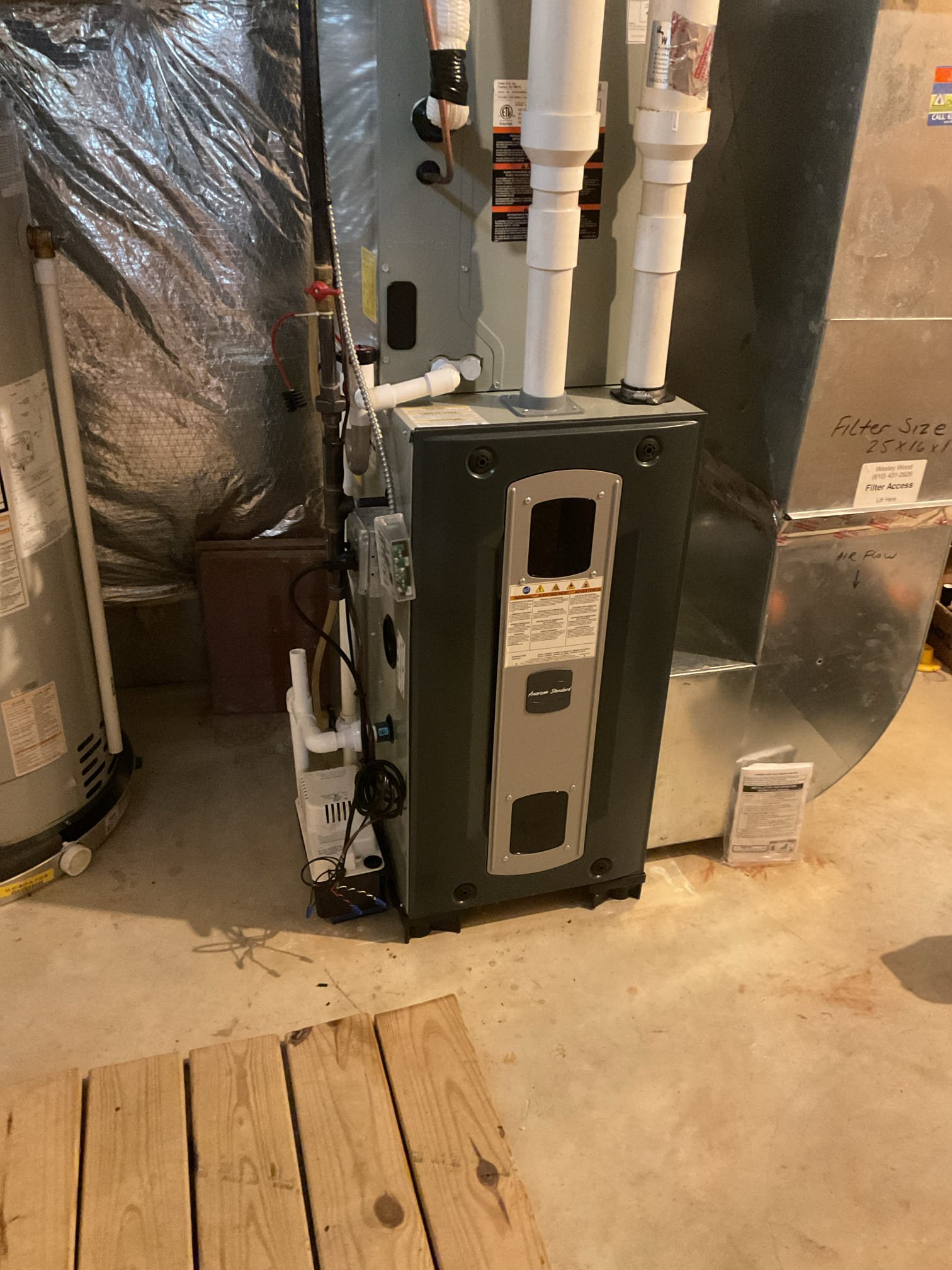 9/11/26 Dan 

I arrived to the customers home to service their 6 yr old 95% Trane gas furnace system. 
I started with checking the air filter and found good , the filter size is 16x25x1. I checked all my electrical connections and voltages. I inspected the heat exchanger and tested the  burners , flame sensor and the igniter. I water tested all tubing and hoses and inspected the collector box . I inspected the exhaust and fresh air pipe for restrictions and bellies. I inspected the inducer and the blower motor operation. I checked and tested for combustion and took temp rise splits at the return and the supply. Everything is running fine at this time of service. 