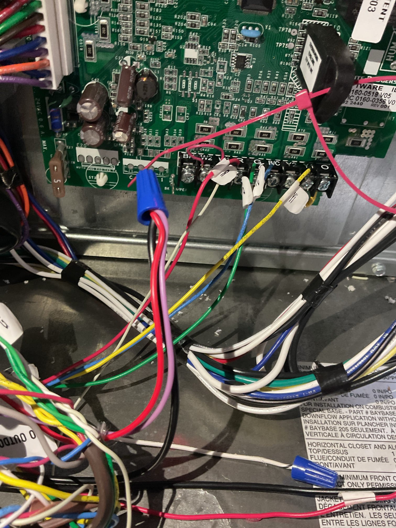 Luis 9-12-26
Customer called in for no cooling, installation was done yesterday. Found several issues with system. Water sensor kept going off. Leak from furnace trap adapter. We will need to come back with oem part to fix this (I temporarily added silicone). Water sensor was making buzzing sound when tested I corrected wiring, I also added y1 to y1 I’m heater control module, I tested ac ok. We will need to return visit to replace drain fitting. Recall on installation. I also adjusted air flow to 1200 cfm. Control board does not have a tap for 3.5 tons. I used 3 ton tap and 350 per ton. Around 340 per ton 1200 cfm. I did this to compensate for high static pressure. Customer also keeps some of the vents closed on first floor. Total static pressure 1.25 wc. I advised customer to open up vents. With vents open drops to around 1 wc. 