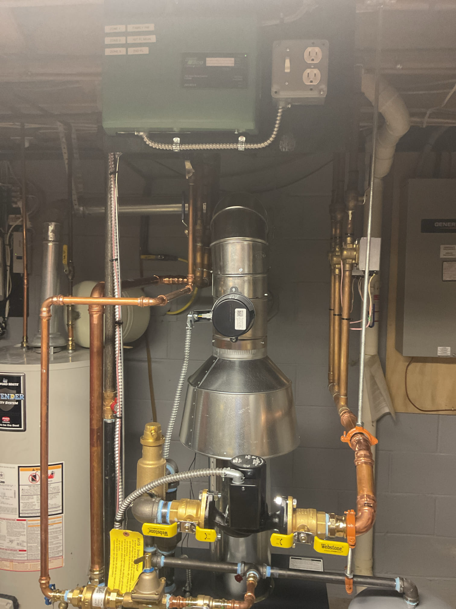9/14/26. Installed 1/2 copper piping on vent pipe of back flow preventer. Kicked on all 3 zones. Found family room zone valve not opening with a call from the thermostat. Found this zone valve common on wrong terminal, put on correct terminal and family room zone valve opened. All zones are getting hot. Performed combustion test on system. Gas boiler is working properly at quality assurance check. 