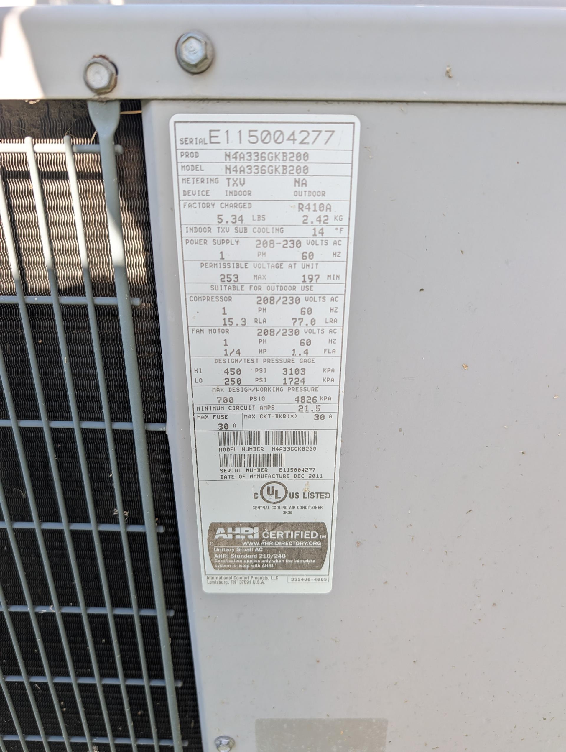 
Issue was Water on floor in a second floor bedroom located directly below air handler, 

Trap was clogged for Air handler on 3rd floor.
Drain pan very dirty. Cleared drain line and trap as well as pan. Provided estimate for clean-out tee and drain pan safety switch.
Also provided estimate to replace 115V pump with 240V. Currently it is wire nutted into a 240V air handler circuit with the neutral tied together with ground, 
Condensate pump discharges to the 3/4” pipe at ground level. Verified flow to this point, 
Blower wheel very dirty. Provided estimate to remove and clean.
There is a considerable amount of biological growth in indoor coil and drain pan. I clean to the best of my ability today. Provided email estimate for UV light system to keep coil and drain pan clean, 

Homeowner mentioned system does not cool well.
After ensuring drain was clear I made demand for cooling from thermostat:
System is running at 1.7° Subcooling. Manufacturer target 14°
Superheat 30°
Suction pressure 