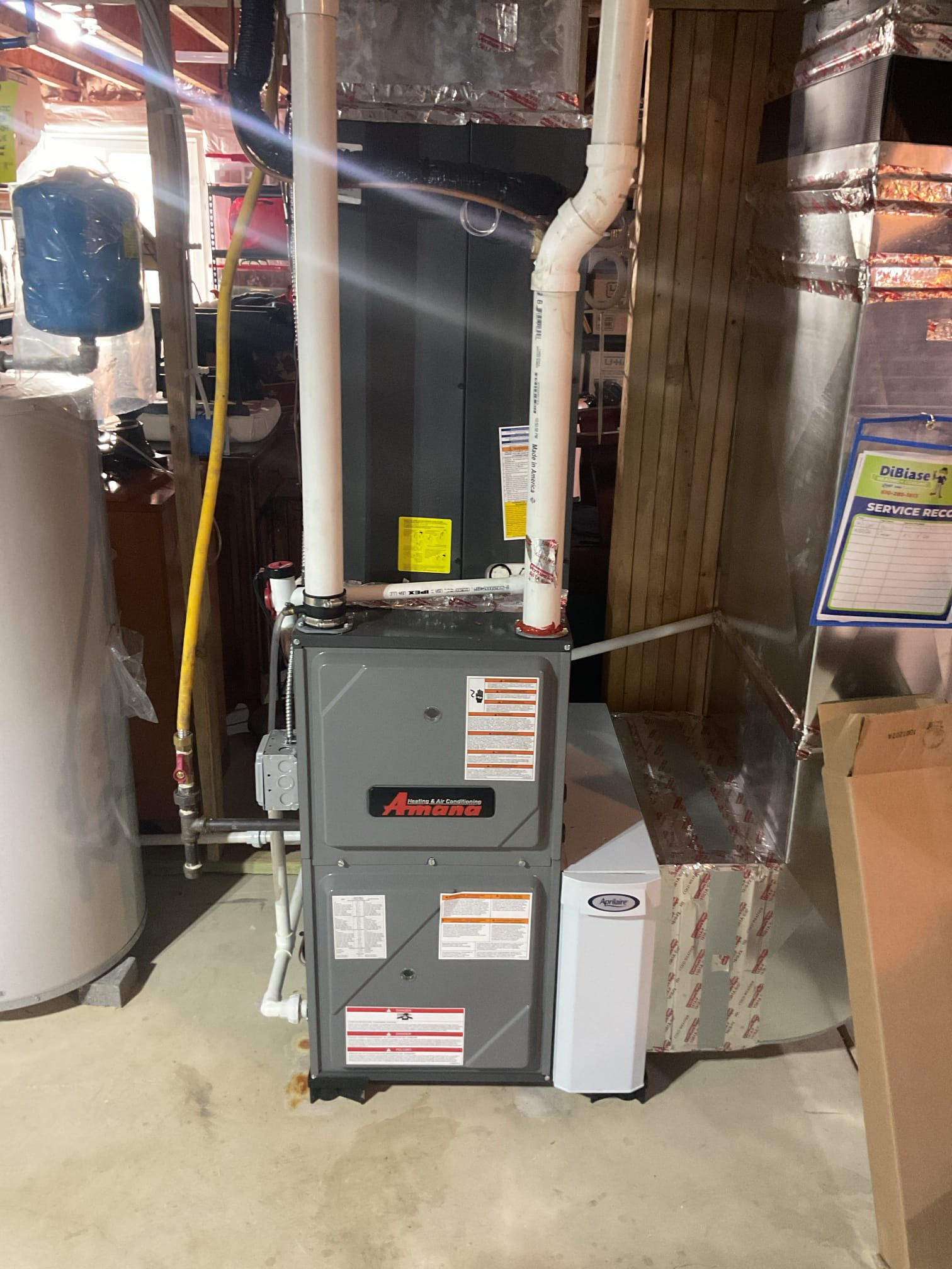 09/15/26 Dan / Mike 

I arrived to the customers home to service their 4 yr old 95% amana  gas furnace system. 
I started with checking the air filter and replaced , the filter size is a 413 (suppliedI). I checked all my electrical connections and voltages. I inspected the heat exchanger and tested the  burners , flame sensor and the igniter. I water tested all tubing and hoses and inspected the collector box . I inspected the exhaust and fresh air pipe for restrictions and bellies. I inspected the inducer and the blower motor operation. I checked and tested for combustion and took temp rise splits at the return and the supply. Everything is running fine at this time of service. 

I recommended a wet switch water safety and a blower motor protection for the customers to review. Collected for service renewal and humidifier service. System is running good. Customer will mention the plumbing inspection to her husband . 