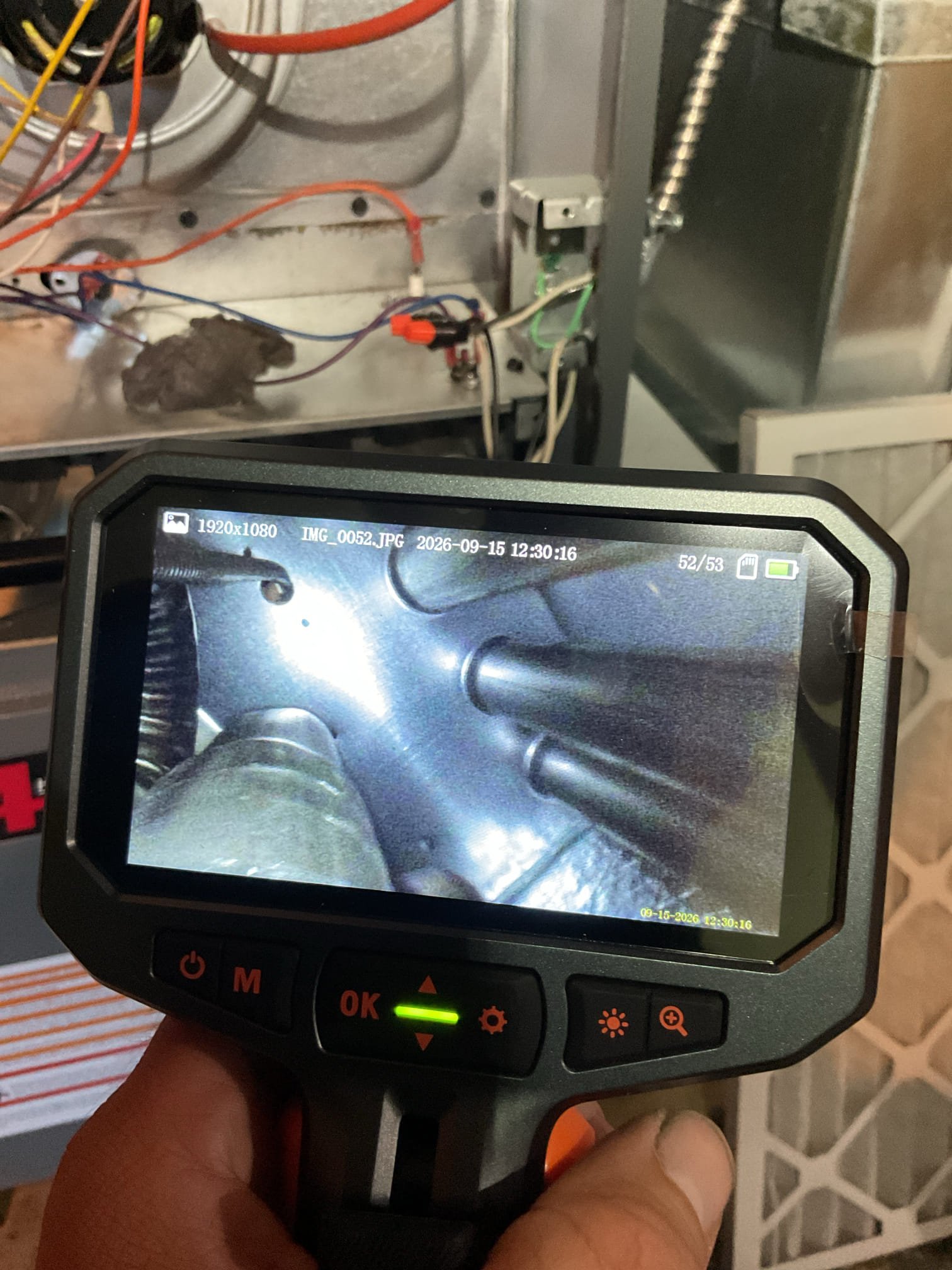 
Completed heat tune up for natural gas furnace. 100,000 BTU natural gas funace 80% efficiency. 

Replaced 16x25x1 filter
Inspected heat exchanger, burners, flue pipe, inducer assembly and hoses
Inspected hot surface ignitor and verified resistance with meter
Cleaned flame sensor and verified flame rectification circuit
Measured temperature rise and static pressure
Checked wiring, controls, electric motors and components; there are no surge protectors; left estimate for blower motor surge protector
Checked manifold gas pressure
Inspected drain. Provided estimate for water safety, wet switch: will shut equipment down if water is detected on floor near equipment.

It has been noted that there is no carbon monoxide detector. Provided estimate for Defender Low Level Carbon Monoxide detectors.

Also provided estimate for UV light system that will keep indoor AC coil and drain pan clean, 
 
Combustion, draft and smoke tests: Pass

Gas furnace is operating well at this time. 