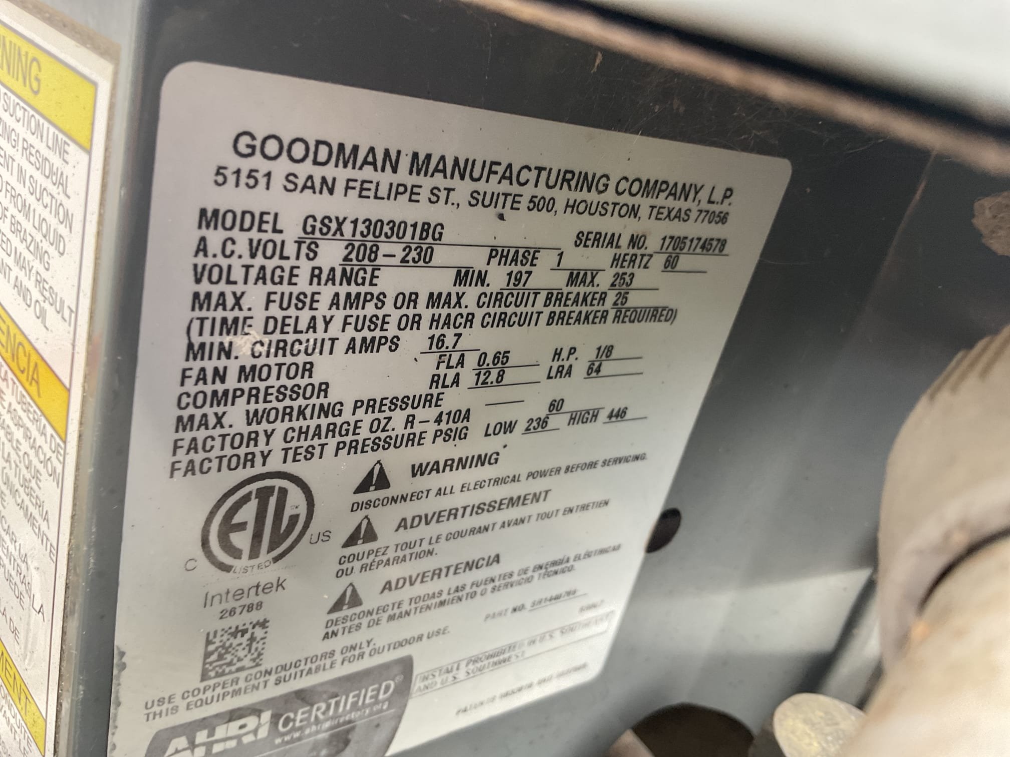 9/17/26. Fully assessed no cooling situation on 2017 Goodman a/c system. Found everything running except compressor. Found 40/5 capacitor tested at 2.9/4.7, failed capacitor. Replaced capacitor and tested operation. Took photos of gauges, refrigarant pressures were good. Temperature split was 20 degrees. Scheduled customer for a free plumbing inspection. A/c is working properly at time of service. 