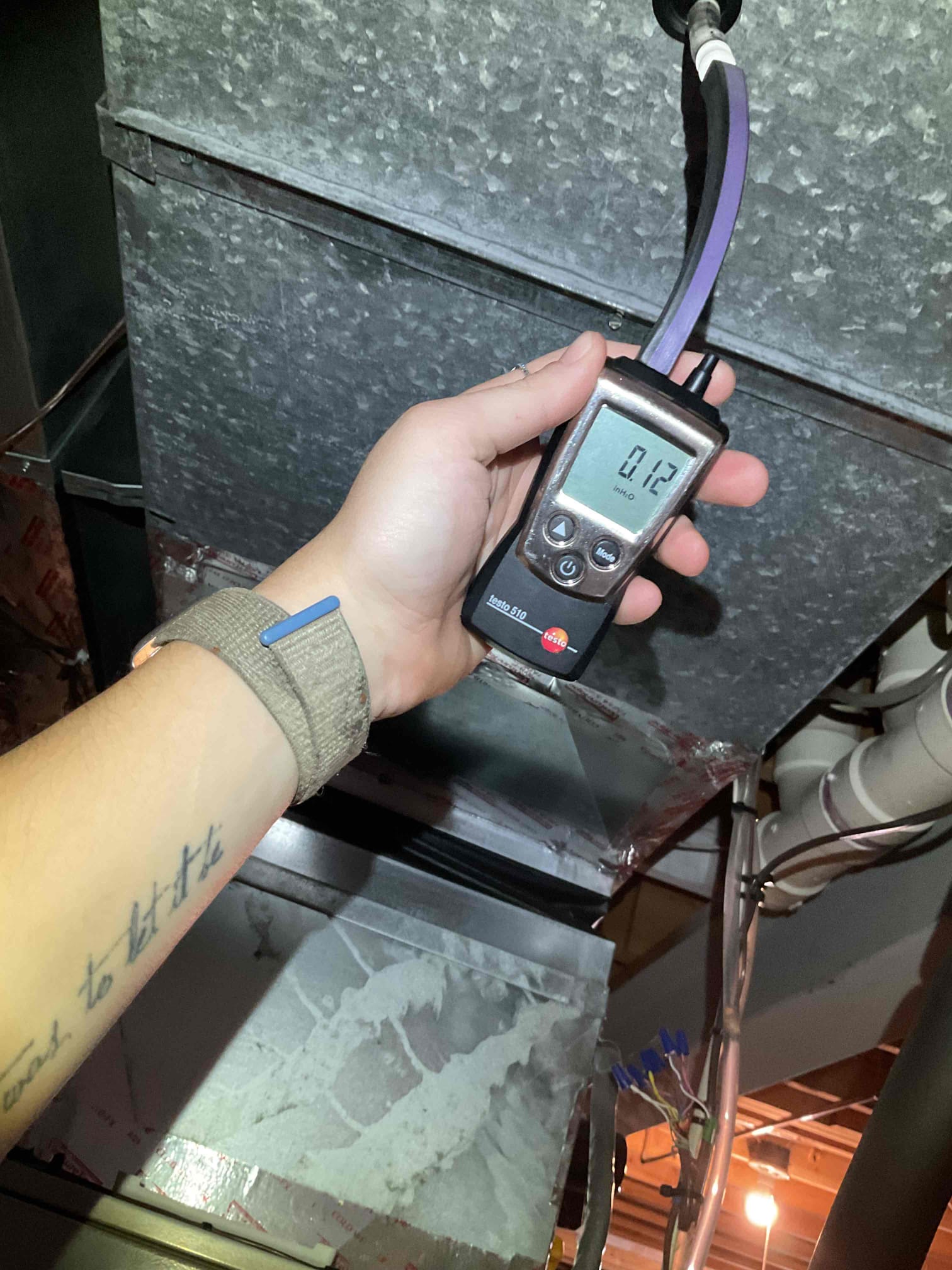 9/14/26
Heating tuneup on a 4 year old R410A Bosch Heatpump 

Started tuneup at air handler checking electrical connections, all electrical components functioning properly. Checked my return and supply temperatures and found a temp split in appropriate range. Checked static and found total static to be in appropriate range. 

Visually inspected blower motor and coil, both in good condition, ensured system has proper drainage. Filter was just replaced and did not need to be replaced today. 

At outdoor checked all electrical connections, all electrical components functioning properly. Refrigerant levels in appropriate range. 

Checked out dehumidifier for homeowner, found filter very dirty. Pulled and cleaned filter and ensured dehumidifier is functioning properly. Homeowner would like to add an elbow onto the humidifier to redirect the airflow. 

Will need to return to install new Reme Halo LED bulb as well as attach 8inch elbow to dehumidifier to change direction of airflow. Collected