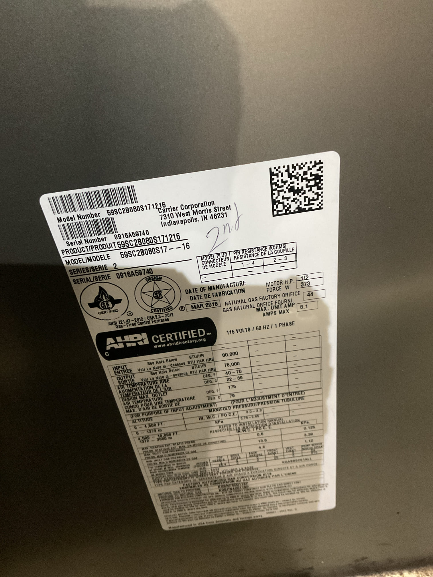 2 furnace check ups . 
I arrived to the customers home to service both their 10 yr old Carrier gas furnaces. 
I started with checking the air filters and replaced on both systems , filter sizes are 16x25x1 customer replaces his humidifier pads . I checked all my electrical connections and voltages. I inspected and tested the  burners , flame sensors and the igniters on both units. I water tested all tubing and hoses. I inspected the exhaust and fresh air pipe for restrictions and bellies. I inspected the inducer and the blower motor operations for both units. I checked and tested for combustion and took temp rise splits at the return and the supply's on both systems . 2nd floor furnace is working fine. But the 1st floor furnace has a failed heat exchanger. I did red tag the furnace . The customer is scheduled for a replacement estimate for the 1st floor system heater at 4:00 today . I did complete a a/c repair on the 2nd floor a/c system. Found a failed dual capacitor. Got the approval