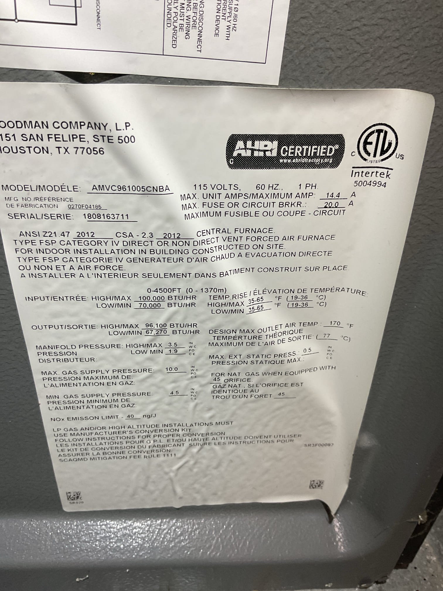 
Completed heat tune up for propane furnace. 100,000 BTU
Dibiase install October 2018

Replaced Aprilaire 413 filter provided by homeowner 
Inspected heat exchanger, burners, flue pipe, inducer assembly and hoses: cleaned burners. Burners are ok but as is the case with propane appliances they may become corroded enough in future to become problematic. Amana now offers stainless steel burners. Provided email estimate to upgrade burners to stainless steel.
*Also provided estimate to install a low propane pressure cut off switch
 which will prevent furnace from attempting to run if propane pressure become too low. Homeowner agreed to this. We will order parts and schedule return 
Inspected hot surface ignitor and verified resistance with meter
Cleaned flame sensor and verified flame rectification circuit
Measured temperature rise and static pressure
Checked wiring, controls, electric motors and components; furnace has blower motor surge protector 
Checked mainofold gas pressure
Inspected 