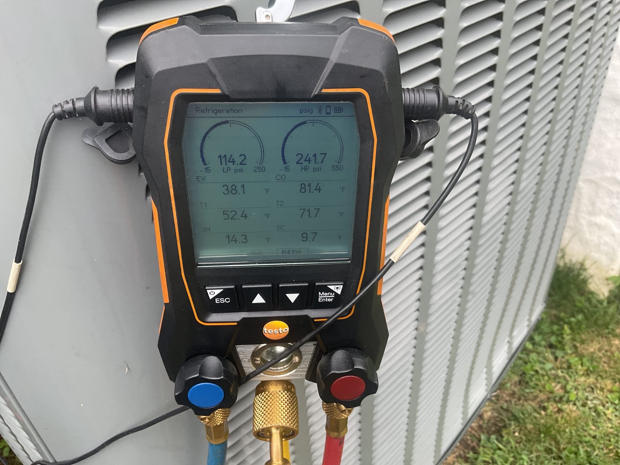 This customer called with no cooling from their 2023 Amana communicating system. Our technician found power to both the indoor and outdoor units but no error codes, so he reset power to the indoor gas furnace; after a 5-minute delay everything came on and tested well, with a 19-degree temperature split and proper 410A refrigerant pressures. The issue was most likely a communication glitch from a power issue in the home, and he showed Kate how to reset the system if it happens again. The air conditioning is working properly.