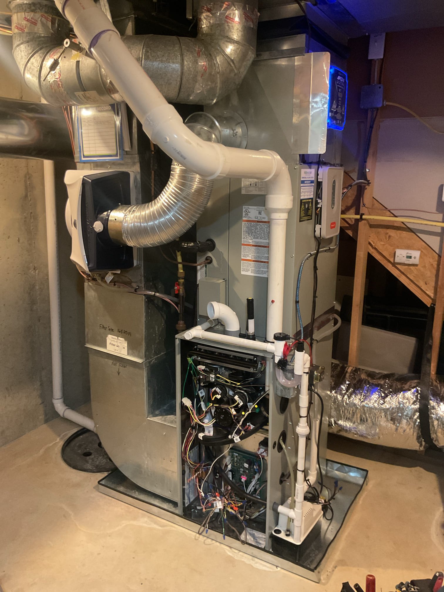 Issue is indoor blower motor running when there is no demand for heating or cooling or for fan from any of the (3) thermostats.

A2L mitigation board had steady flash LED meaning normal.
Control board displayed CoF (constant on fan) meaning there is a demand for fan from some source. 

Used multimeter to ultimately determine that the Aprilaire Model 60 humidistat which is capable of energizing the indoor fan via a relay was making the demand for fan (blower activation switch is off) It was wired correctly. Simply tapping on the relay caused it to open and stop the demand for fan. New automatic humidistat is needed.

I left the G and the Gf wires out of the humidistat for now until new humidistat is installed. Homeowners will still have humidification, *These wires are only used for blower activation feature. Homeowners are fine with having Kurt do this at the time of tune up in October, 

System operating well at this time. 