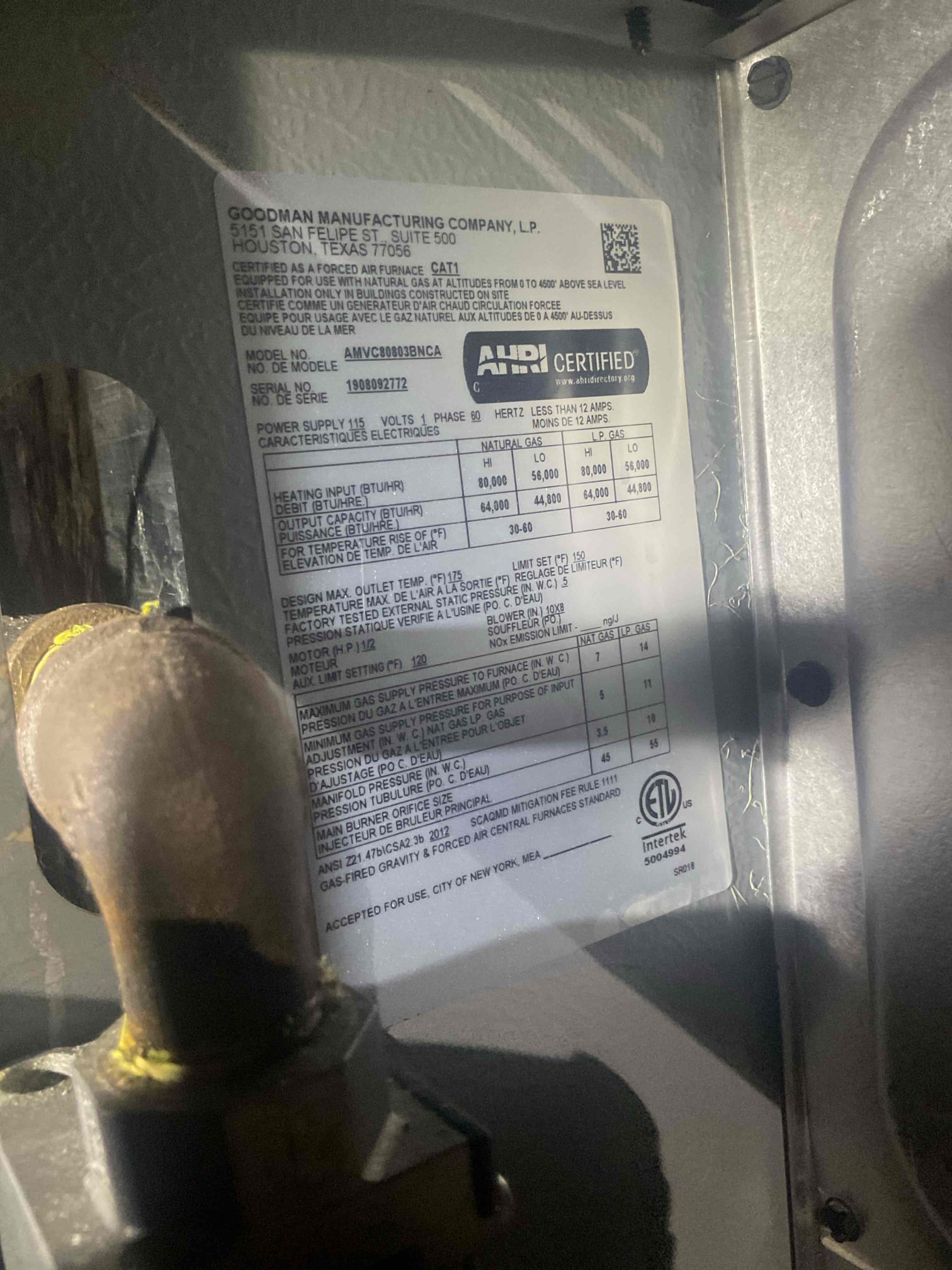 This customer called with no heat and found their thermostat was off; once we set it to heat, the system came on with no issues, so we proceeded with their annual tune-up. We serviced their 2019 Amana 80% gas furnace: cleaned and adjusted the burners, tested all safety switches, verified proper draft with zero flue spillage, checked electrical connections and blower speed, and confirmed a healthy 47-degree temperature rise with zero carbon monoxide in the living space. We also replaced the 1-inch air filter, leaving the system running safely and efficiently for the heating season.