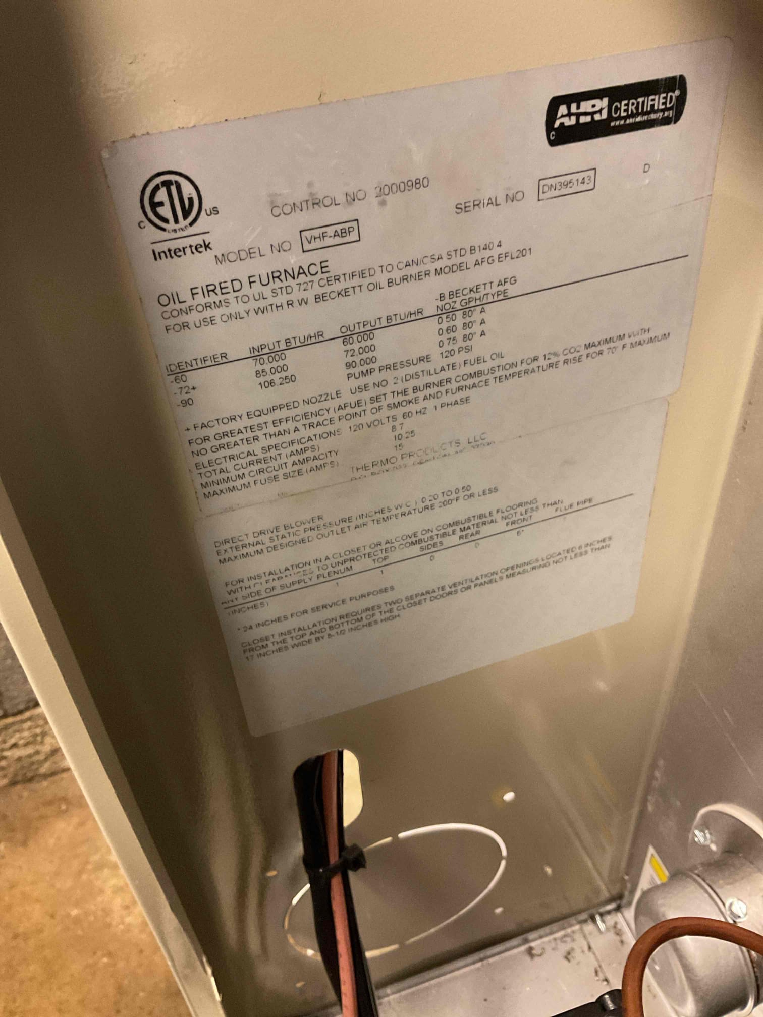 On October 7, 2026, I conducted a comprehensive oil furnace tune-up on a Spirit furnace from 2025. The service included replacing the oil filter, nozzle, and strainer. I removed and cleaned the flue pipe, ensuring the chimney base was free of obstructions. The heat exchanger was meticulously cleaned, and all electrical components were checked and found to be functioning correctly. A smoke and combustion test was performed, with satisfactory results. I also checked the draft and conducted an efficiency test, both of which passed. Additionally, I replaced the customer-supplied air filter and tested the reversing valve on the heat pump, confirming it was operational. The system was fully functional at the time of service. Given the absence of carbon monoxide detectors, I recommended installing two detectors, one for the living room and one for the bedroom, and provided an estimate for this addition.