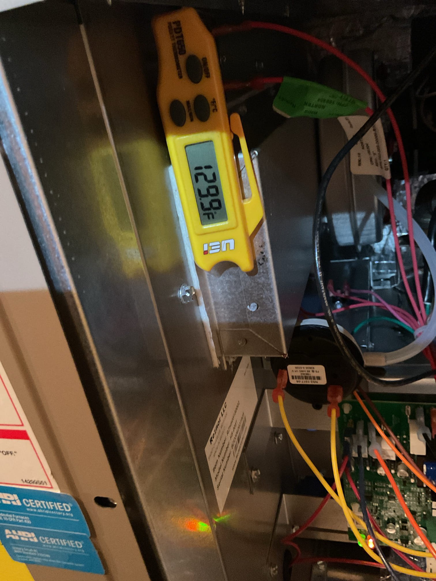 Upon arrival, I installed a new furnace through the wall. The system was tripped on high limit. I ensured all vents were open, checked the return for good draw, and verified gas pressure at 3.4”. The supply duct exceeded temperature at 145°, while the return was 71°, resulting in a 55° temp rise. After inspecting for restrictions and confirming a good air filter, I adjusted the fan speed to high. Temperatures dropped to a 63° temp rise, with supply at 138° and return at 75°. The office will follow up with the customer in the morning.