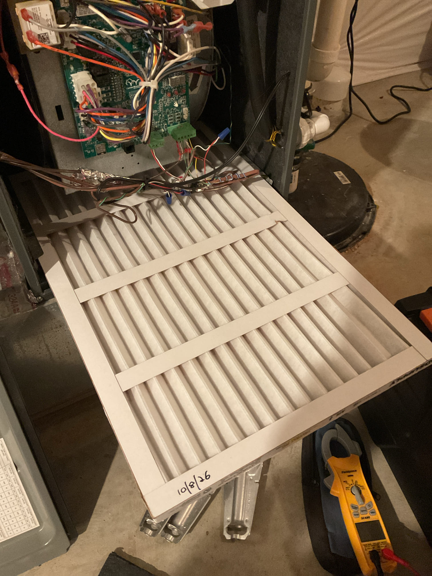 On 10/8/26, I serviced a 5-year-old Amana gas furnace. I began by replacing the 16x25x1 air filter. I then serviced and tested the 600 humidifier. All electrical connections and voltages were checked. The heat exchanger, burners, flame sensor, and igniter were inspected. I water-tested all tubing and hoses and inspected the collector box. The exhaust and fresh air pipes were checked for restrictions and bellies. The inducer and blower motor operations were inspected. Combustion was checked, and temperature rise splits were taken at the return and supply. Everything is functioning correctly. Humidifier service was charged at $67.15, paid via credit card.