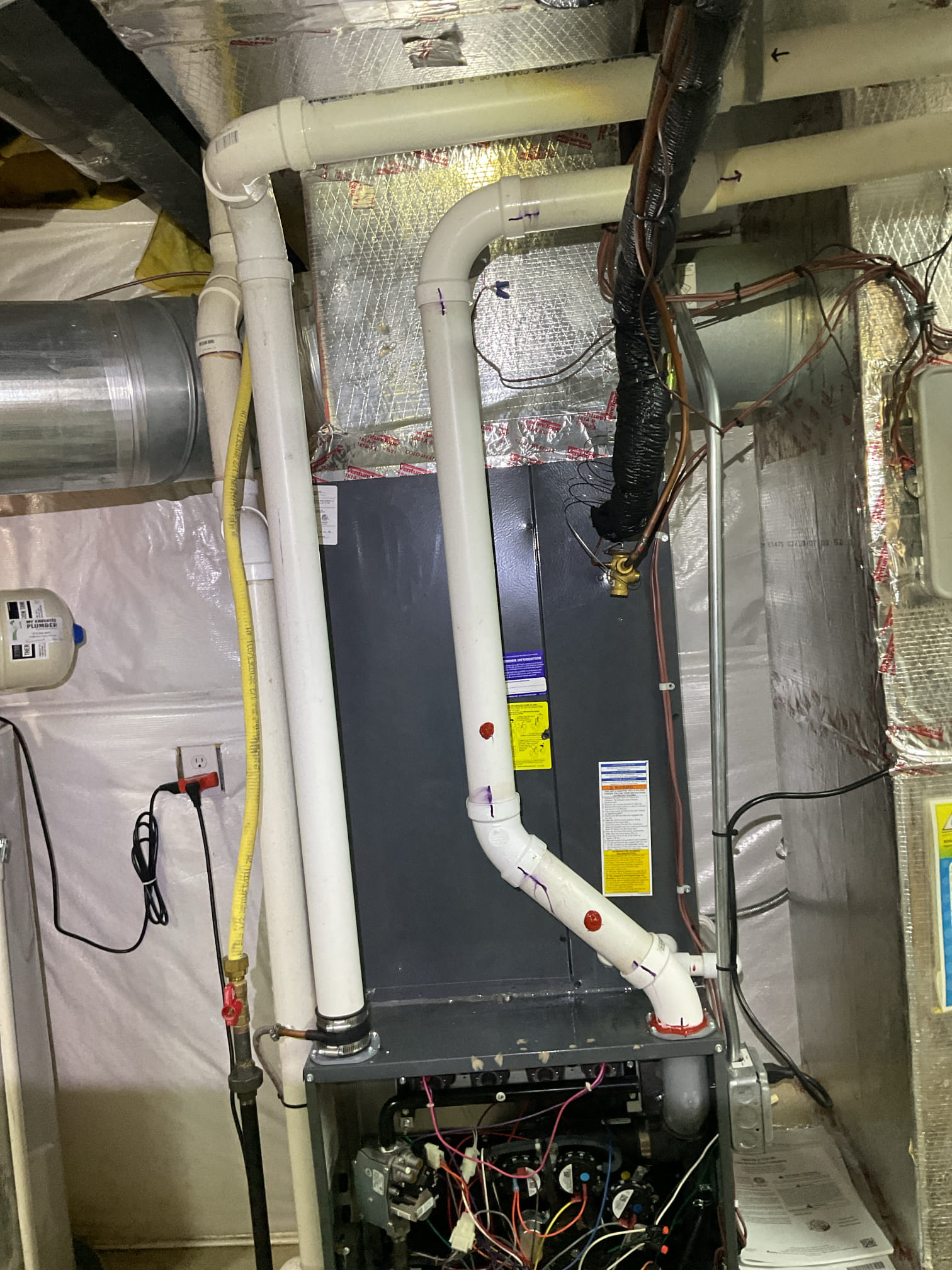 On 10/8/26, I performed a comprehensive service check on a 4-year-old Amana 95% gas furnace. I began by inspecting the air filter, which was in good condition, and then serviced the 700 humidifier, ensuring it functioned correctly. I checked all electrical connections and voltages, inspected the heat exchanger, and tested the burners, flame sensor, and igniter. The burners were found to be dirty in the crossover section. I also tested all tubing and hoses for leaks, inspected the collector box, and checked the exhaust and fresh air pipes for obstructions. The inducer and blower motor were inspected for proper operation. Temperature rise splits were taken at the return and supply. The system is currently running fine.