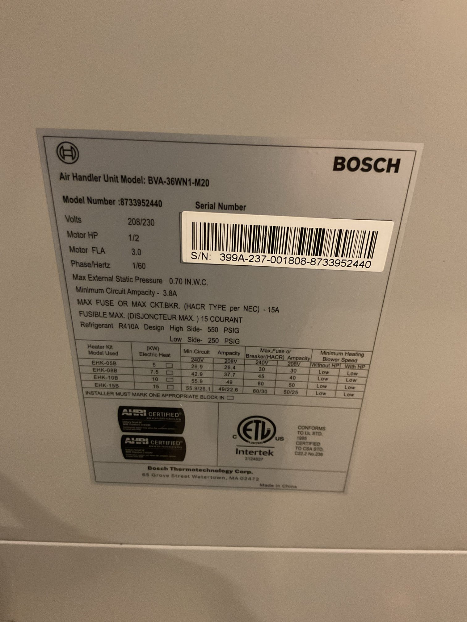 I performed a comprehensive heat tune-up on a Bosch heat pump installed on 5/17/22, including a 15KW electric heat kit. The Aprilaire 413 filter was replaced as provided by the homeowner. Both indoor and outdoor coils were inspected and found to be in good condition. I checked the wiring, controls, electric motors, and components, including the 15KW electric heat kit 40A, which was functioning well. I also measured temperature rise and static pressure, checked the drains, and verified the control transducer reading. The refrigerant charge and pressures were within normal limits at 343/130. An estimate for a UV light system to control biological growth at the indoor AC coil was provided. The heat pump is currently operating well.