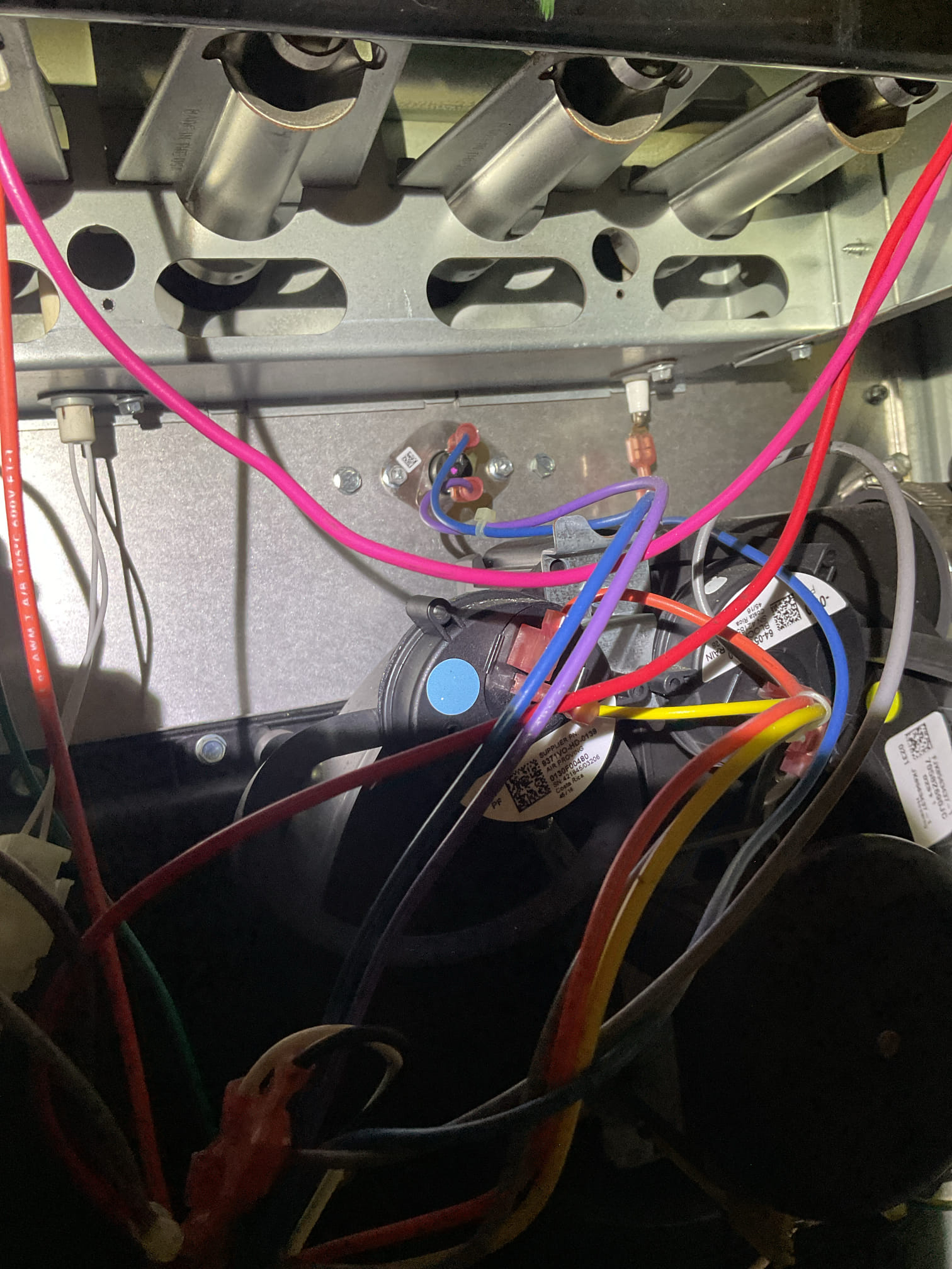 On 10/12/26, I serviced an 8-year-old 90% efficient Goodman gas furnace. I began by checking the air filter, which was in good condition, and confirmed the size as 16x20x1. I inspected all electrical connections and voltages, examined the heat exchanger, and tested the burners, flame sensor, and igniter. I performed a water test on all tubing and hoses, inspected the collector box, and checked the exhaust and fresh air pipes for any restrictions or bellies. The inducer and blower motor operations were also inspected. I checked for combustion and took temperature rise splits at the return and supply. Everything is functioning properly.