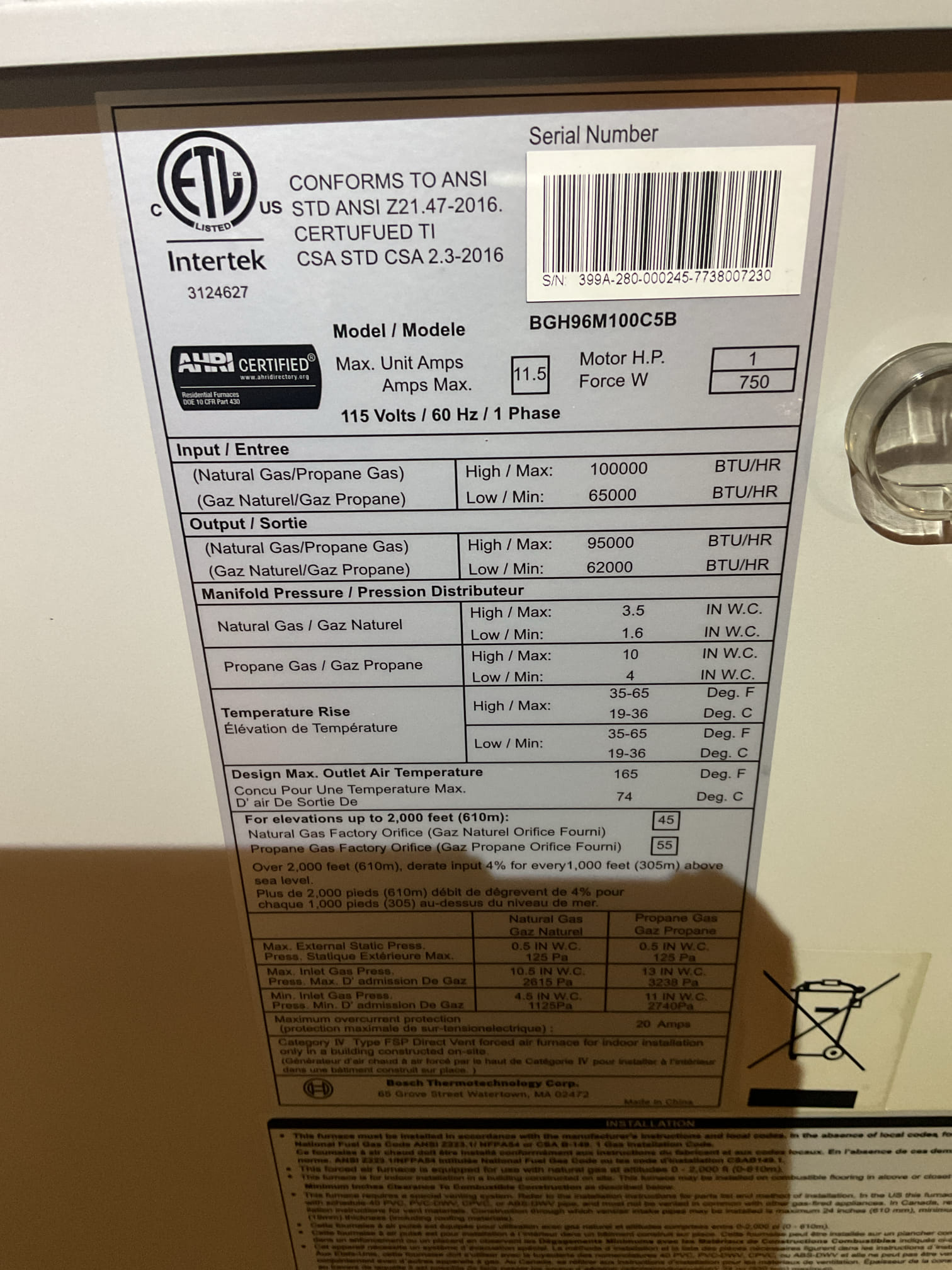 On 10/15/26, I serviced a 3-year-old 95% efficient Bosch gas furnace. I began by examining the air filter, which was in good condition, and left a replacement filter (size 16x25x1). I then checked all electrical connections and voltages, ensuring they were secure and functioning correctly. The heat exchanger was inspected, and I tested the burners, flame sensor, and igniter. I performed a water test on all tubing and hoses and inspected the collector box. The exhaust and fresh air pipes were checked for any restrictions or bellies. I also inspected the inducer and blower motor operation, and took temperature rise splits at the return and supply. Everything is operating fine.