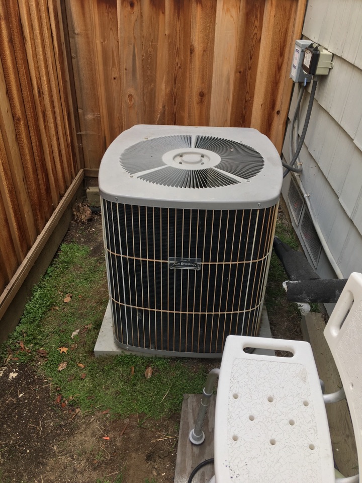 Fremont, CA - Maintenance on a 29 year old carrier R22 system. System runs upon arrival, checked filter, cleaned outdoor unit, checked capacitors, contactor, electrical connections, refrigerant levels and amperage draw on compressor, condenser fan motor and blower. Indoor section of air conditioner connected with furnace is dirty which lowers efficiency and blower is leaking oil which is the lubricant for the motor, compressor is running very hard with very low load conditions Fremont, CA - Maintenance on a 29 year old carrier R22 system. System runs upon arrival, checked filter, cleaned outdoor unit, checked capacitors, contactor, electrical connections, refrigerant levels and amperage draw on compressor, condenser fan motor and blower. Indoor section of air conditioner connected with furnace is dirty which lowers efficiency and blower is leaking oil which is the lubricant for the motor, compressor is running very hard with very low load conditions