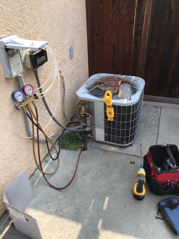 Danville, CA - Performed diagnostic on air conditioner found filter clogged, blower assembly and evaporator coil clogged and need cleaning. Condenser fan motor failing, dual run capacitor below spec rated 35/5 currently at 12.5/1. Compressor amperage high with low demand at 70 degrees outside. Leaking schrader valves R22 system 16 years old. Returning at later time to go over replacement options Danville, CA - Performed diagnostic on air conditioner found filter clogged, blower assembly and evaporator coil clogged and need cleaning. Condenser fan motor failing, dual run capacitor below spec rated 35/5 currently at 12.5/1. Compressor amperage high with low demand at 70 degrees outside. Leaking schrader valves R22 system 16 years old. Returning at later time to go over replacement options