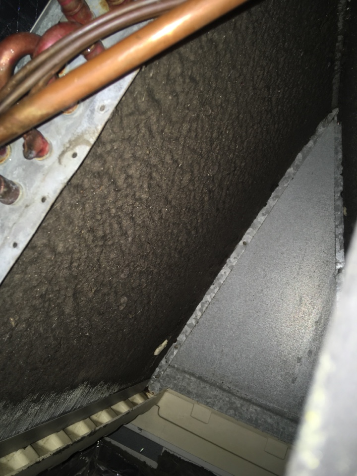 Antioch, CA - Performed diagnostic found drain line runs into concrete slab and unknown where it comes out. Drain is clogged and backed up into coil. Evaporator coil plugged causing coil to freeze creating more water when thawed than system can handle. System 12 years old and in poor shape recommend installation of new equipment correctly with proper drain system Antioch, CA - Performed diagnostic found drain line runs into concrete slab and unknown where it comes out. Drain is clogged and backed up into coil. Evaporator coil plugged causing coil to freeze creating more water when thawed than system can handle. System 12 years old and in poor shape recommend installation of new equipment correctly with proper drain system
