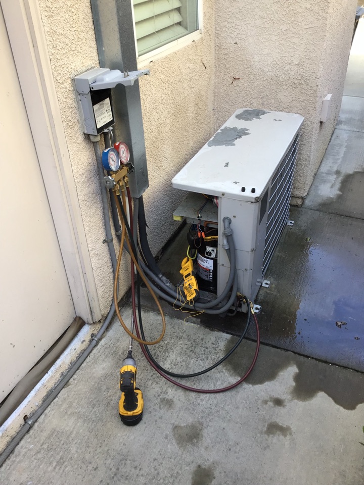 San Leandro, CA - Performed tune up on air conditioner, checked filter and cleaned outdoor unit. Checked capacitors, contactor, electrical connections, refrigerant levels and amperage draw on compressor, condenser fan motor and blower. Heat exchanger has thermal stress, evaporator coil has rust some debris. Blower motor leaking oil and pulling high amps and capacitor is below manufacturer specifications, all lead to higher risks for system failure. Compressor amperage is high needs hardstart kit to lower amperage San Leandro, CA - Performed tune up on air conditioner, checked filter and cleaned outdoor unit. Checked capacitors, contactor, electrical connections, refrigerant levels and amperage draw on compressor, condenser fan motor and blower. Heat exchanger has thermal stress, evaporator coil has rust some debris. Blower motor leaking oil and pulling high amps and capacitor is below manufacturer specifications, all lead to higher risks for system failure. Compressor amperage is high needs hardstart kit to lower amperage